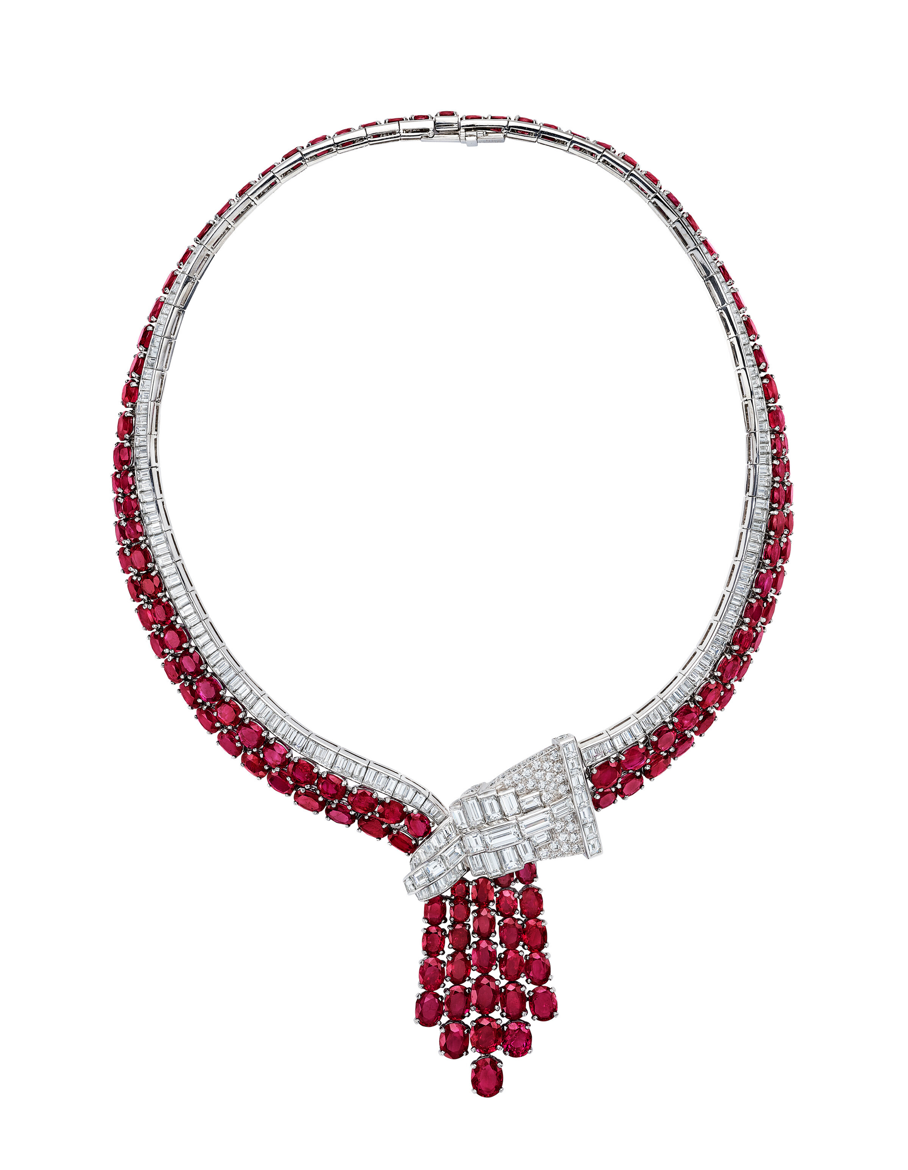 Left: A Van Cleef &amp; Arpels ruby and diamond necklace. Estimate: $600,000-800,000. Offered in The Magnificent Jewels of Anne Eisenhower on 7 June 2023 at Christie&rsquo;s in New York