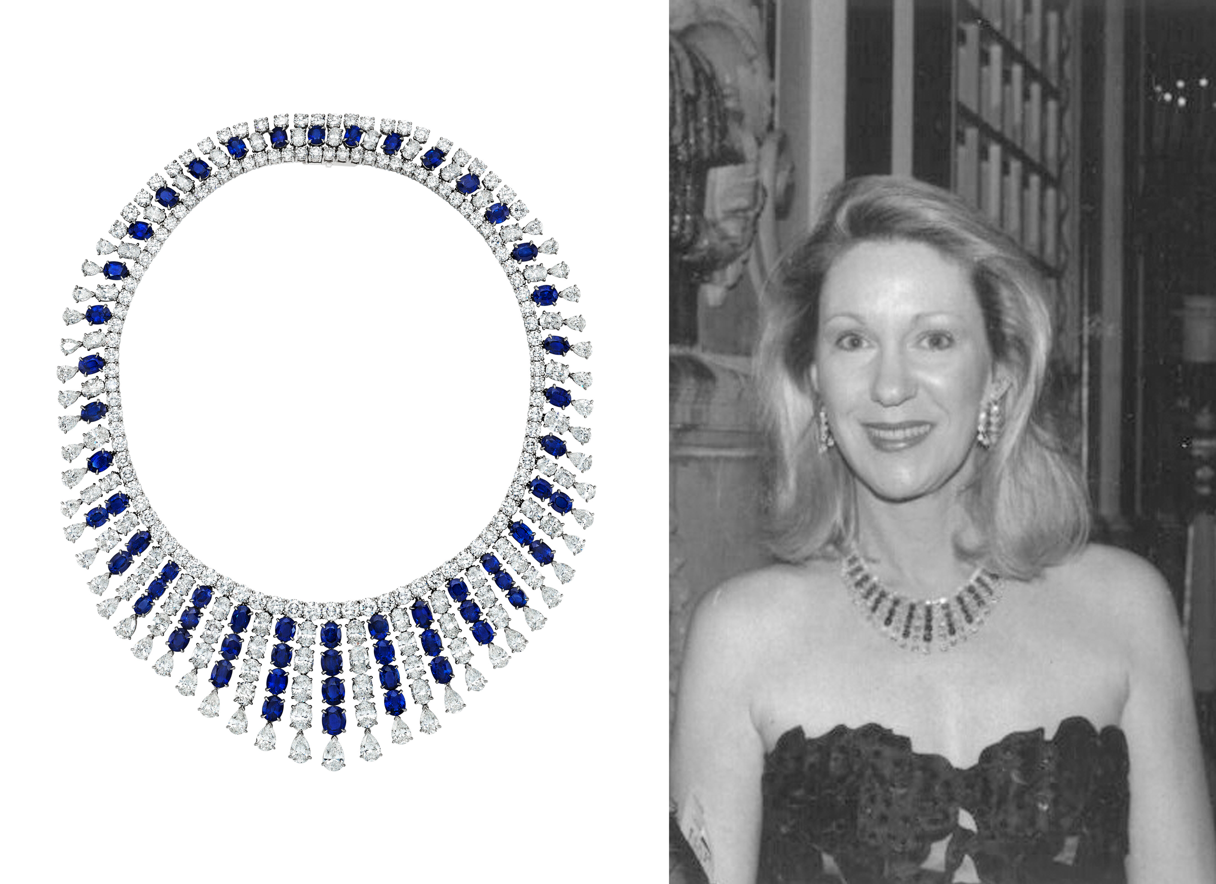 Left: Van Cleef & Arpels sapphire and diamond ‘Waterfall’ necklace. Estimate: $300,000-500,000. Offered in The Magnificent Jewels of Anne Eisenhower on 7 June 2023 at Christie’s in New York. Right: Anne Eisenhower wearing the Van Cleef & Arpels ‘Waterfall’ necklace, 1997. Photograph: © Star Black