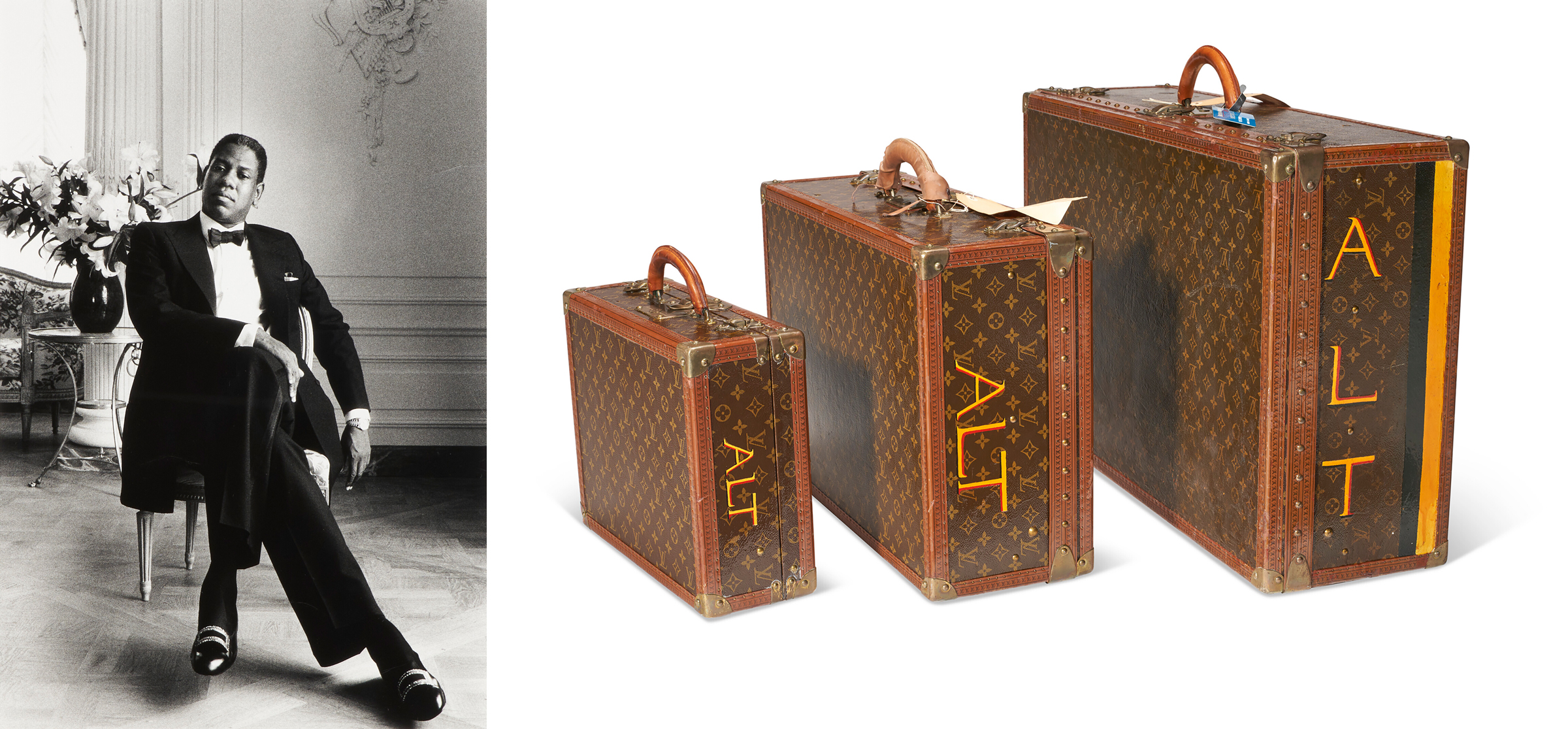 Left: Alice Springs (1923-2021), André Leon Talley, 'La Villa Vigie', 1989. 22¼ x 15 in. (56.5 x 38 cm). Sold for $37,800 on 14 February 2023 at Christie’s in New York; Right: A set of three personalized brown monogram lacquered canvas hardsided suitcases, Louis Vuitton, c. 1990. Sold for $94,500 on 14 February 2023 at Christie’s in New York