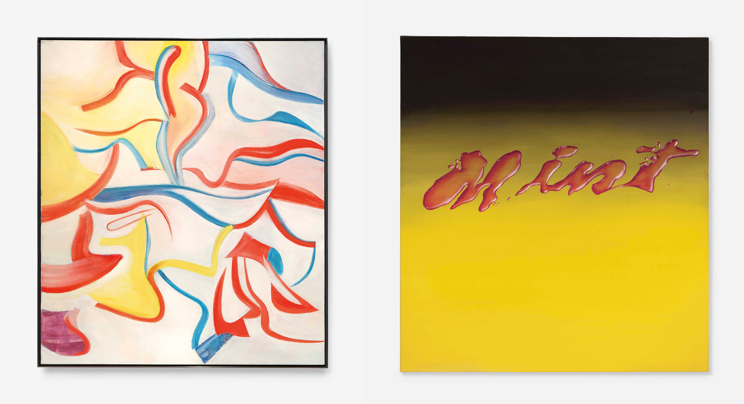 Left: Willem de Kooning (1904-1997), Untitled XVII, 1984. 80 x 70 in (203.2 x 177.8 cm). Sold for $9,755,750 on 14 May 2013 at Christie’s in New York; Right: Ed Ruscha (b. 1937), Mint (Red), 1968. 60 x 55 in (152.5 x 139.8 cm). Sold for $4,827,750 on 14 May 2013 at Christie’s in New York