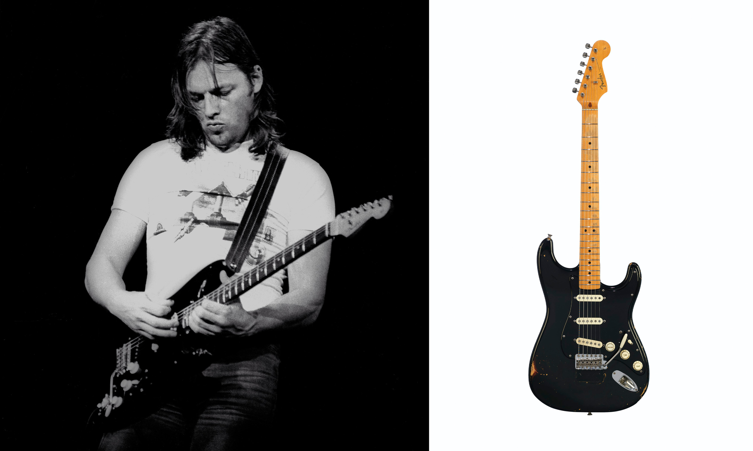 Left: David Gilmour is performing with 'Pink Floyd' at the Oakland Coliseum in Oakland, California on May 9, 1977. Photo by Larry Hulst/Michael Ochs Archives/Getty; Right: Fender electric instrument company, Fullerton, a solid-body electric guitar, stratocaster, known as ‘The Black Strat’ 1969 and 1983. Sold for $3,975,000 on 19 June 2019 at Christie’s in New York