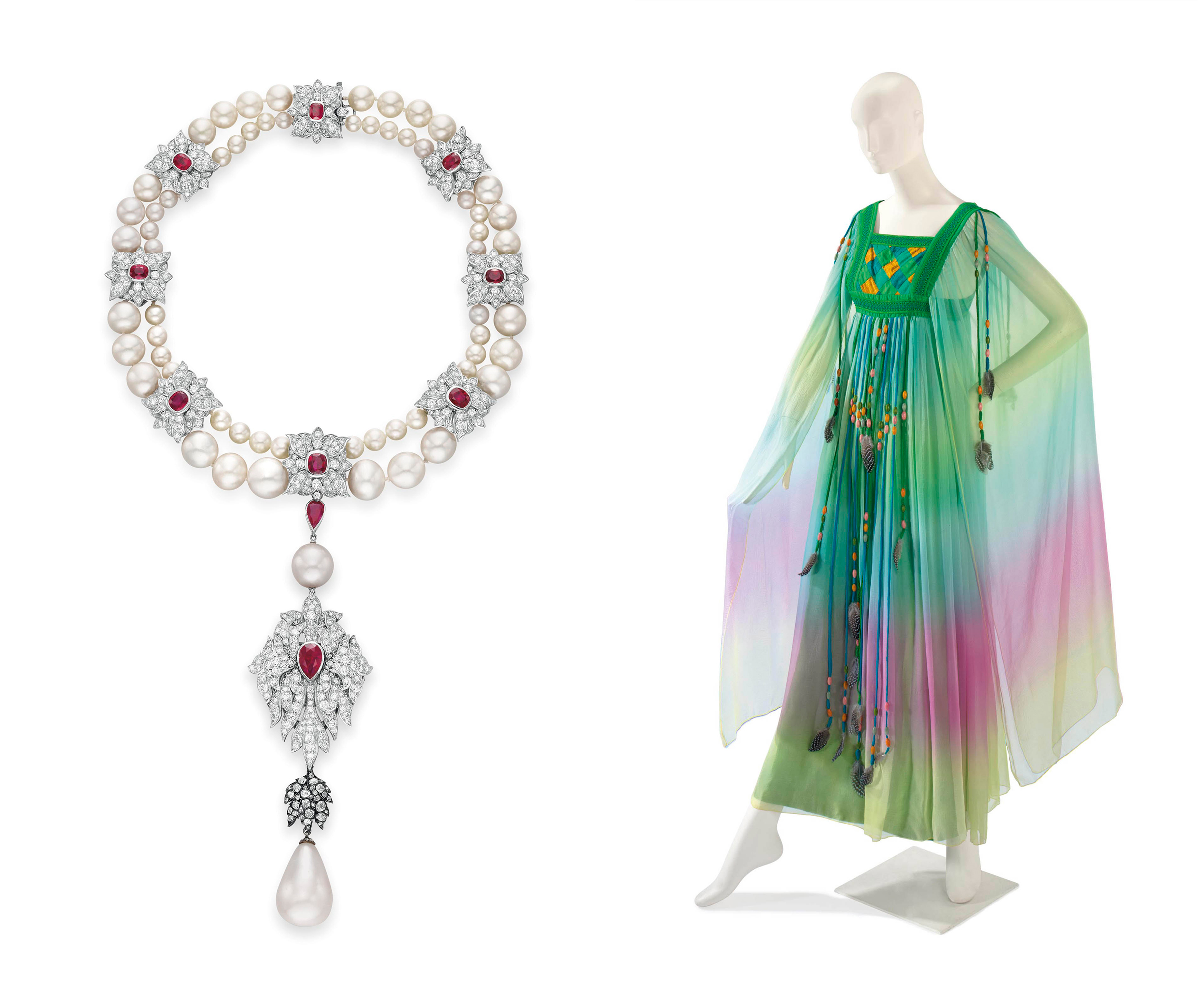 Left: La Peregrina, a natural pearl, diamond, ruby and cultured pearl necklace, by Cartier. Sold for $11,842,500 on 12 December 2011 at Christie’s in New York; Right: Miss Taylor's Gina Fratini wedding dress, worn at her second marriage to Richard Burton, 1975. Sold for $62,500 on 13 December 2011 at Christie’s in New York