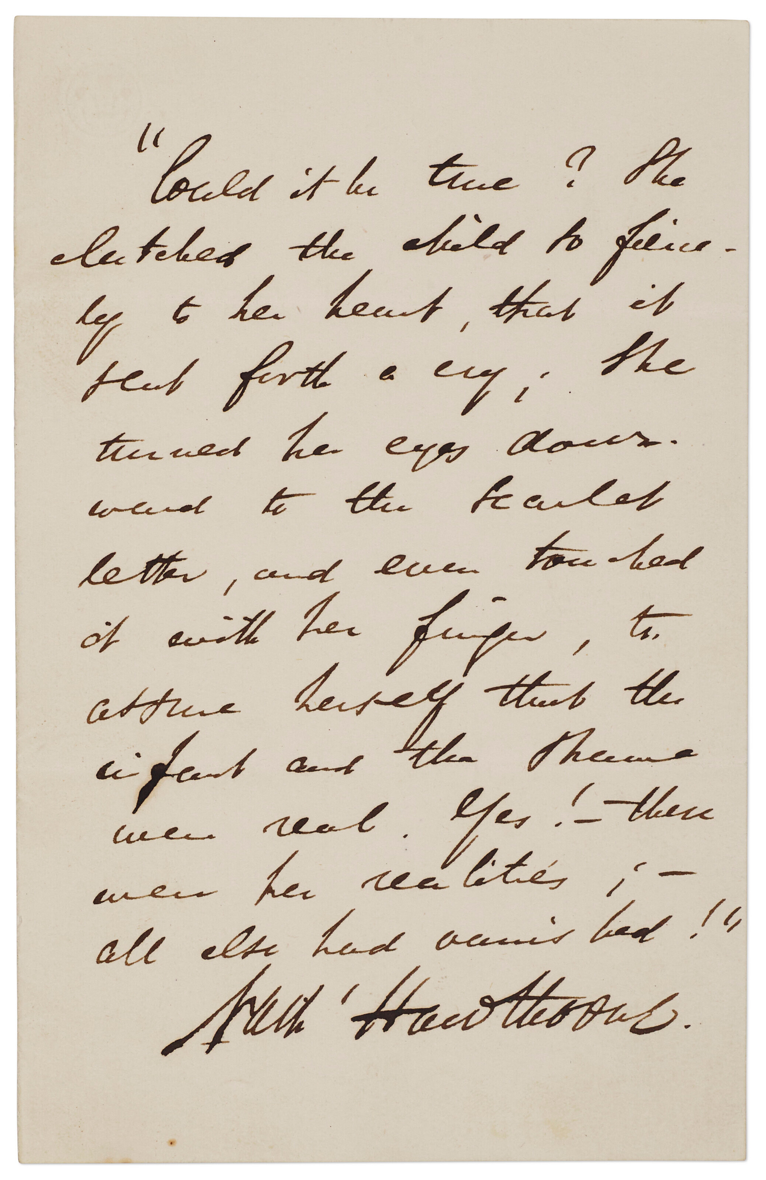 Nathaniel Hawthorne (1804-1864), The Scarlet Letter. Boston: Ticknor, Reed, and Fields, 1850. Together with autograph manuscript signed 'Nath. Hawthorne,' n.d.; 1 page, 3.7 x 2.4 in (136 x 88mm). Estimate: $100,000-150,000. Offered in The Bruce M. Lisman Collection of Important American Literature: Part One, on 15 June 2023 at Christie's New York