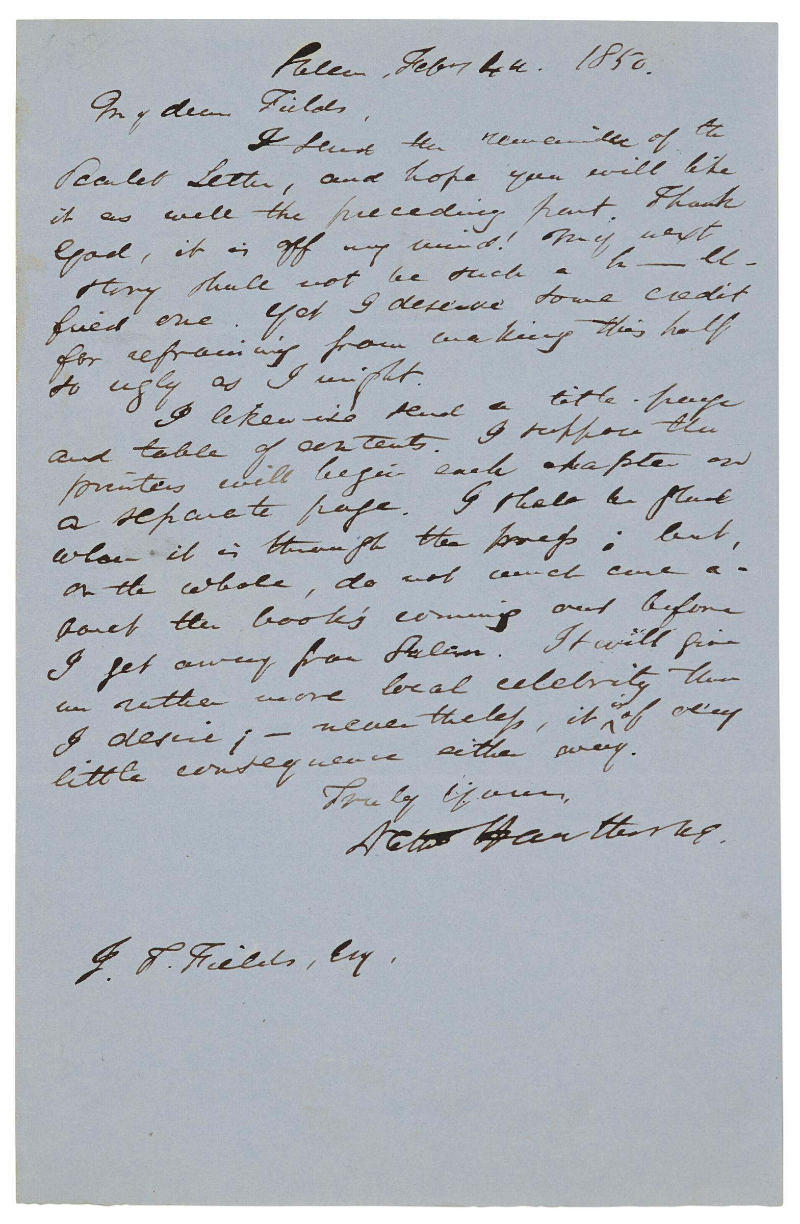 Nathaniel Hawthorne (1804-1864), Sending the final instalment of The Scarlet Letter, 4 February, 1850. One page, bifolium. 5.3 x 3.4 in (191 x 123mm). Estimate: $100,000-150,000. Offered in The Bruce M. Lisman Collection of Important American Literature: Part One, on 15 June 2023 at Christie's New York
