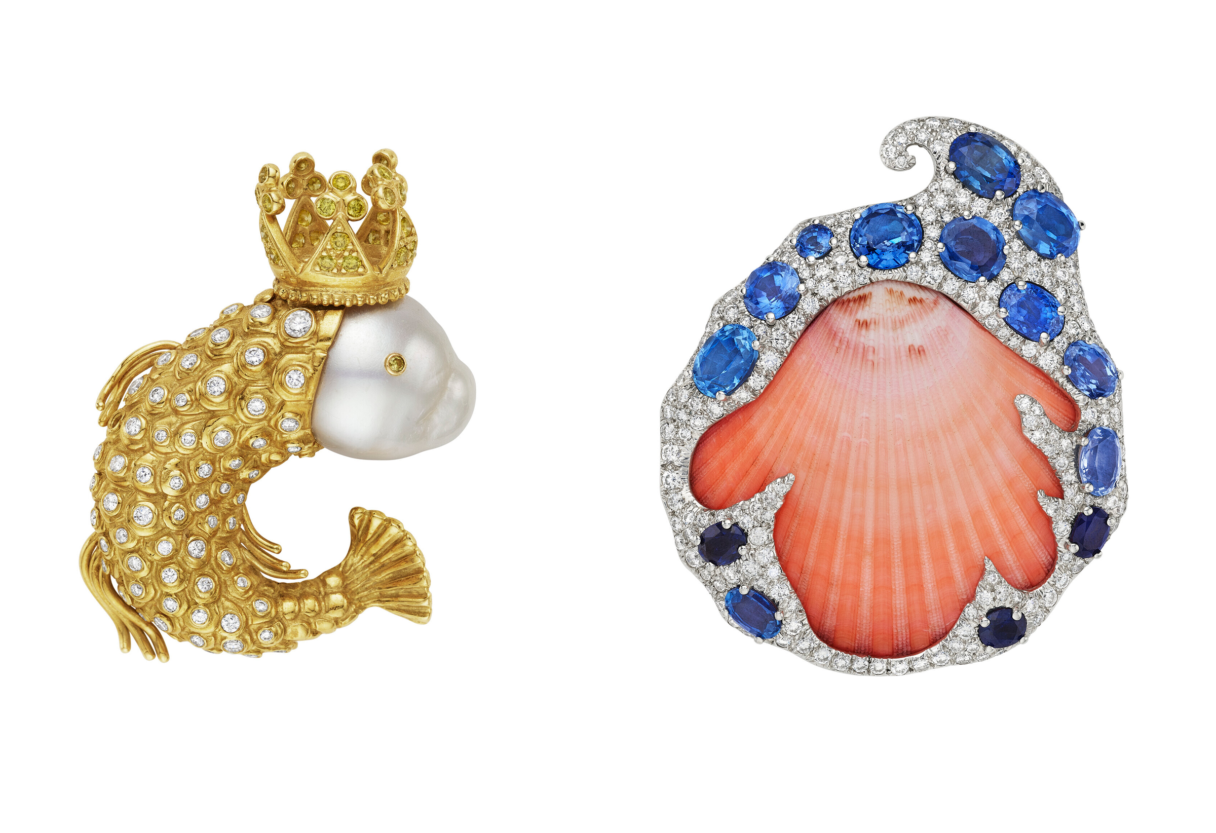 Left: Verdura coloured diamond, diamond and cultured pearl fish brooch. 5.0 x 3.8 cm (2 x 1½ in). Sold for $17,640. Right: Verdura sea shell, sapphire and diamond 'Hokusai wave' brooch. 5.3 x 4.7 cm (2⅛ x 1⅞ in). Sold for $47,880. Both sold in Magnificent Jewels on 7 June 2023 at Christie’s in New York