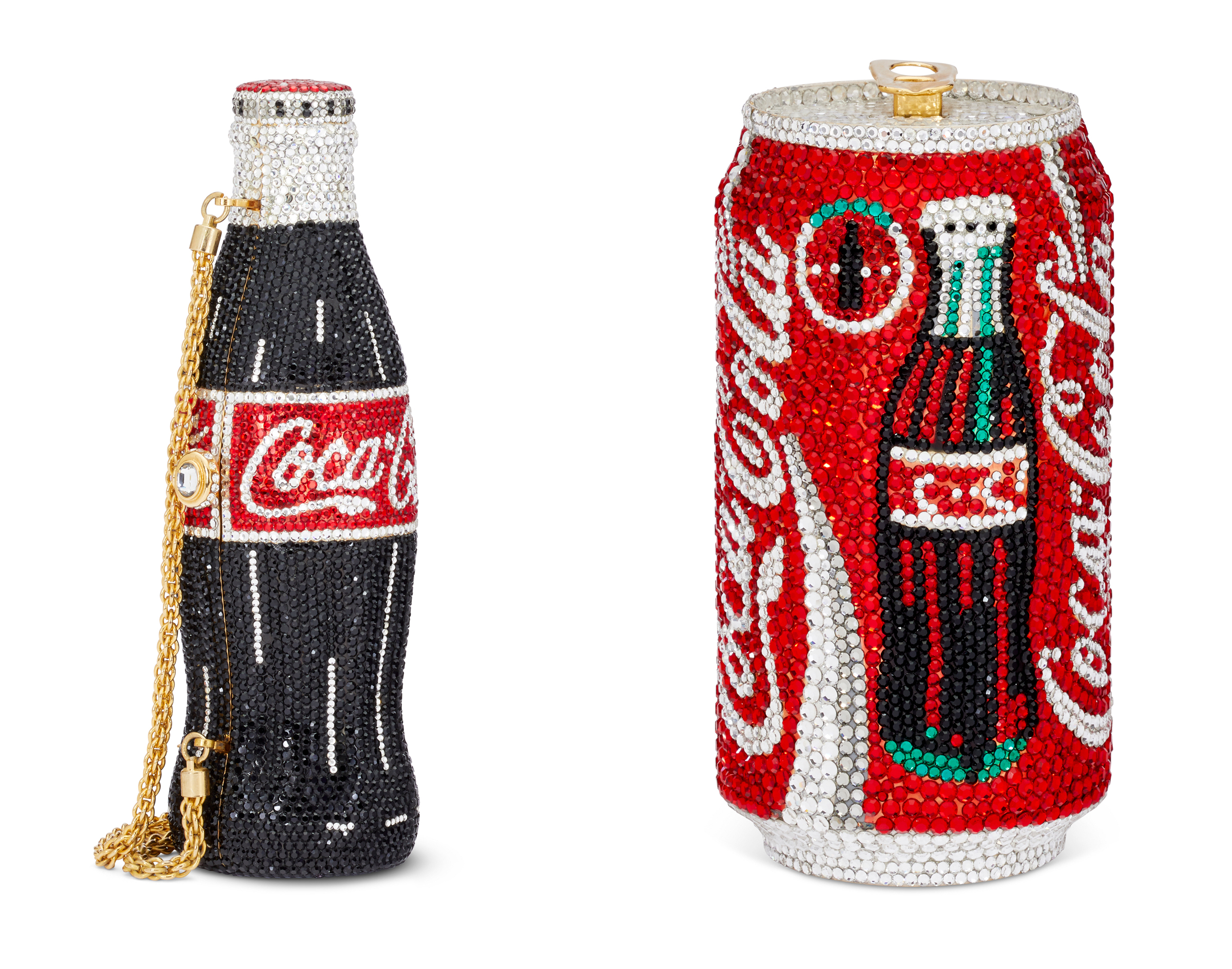 Left: A red & black crystal Coca-Cola bottle evening bag, N. 199/2500, Kathrine Baumann, 1996. Sold for $1,260. Right: A red & black crystal Coca-Cola can evening bag, N. 222/2500, Kathrine Baumann, 1996. Sold for $1,260. Both sold in Handbags Online: the New York Edit on 12 June 2023 at Christie’s online