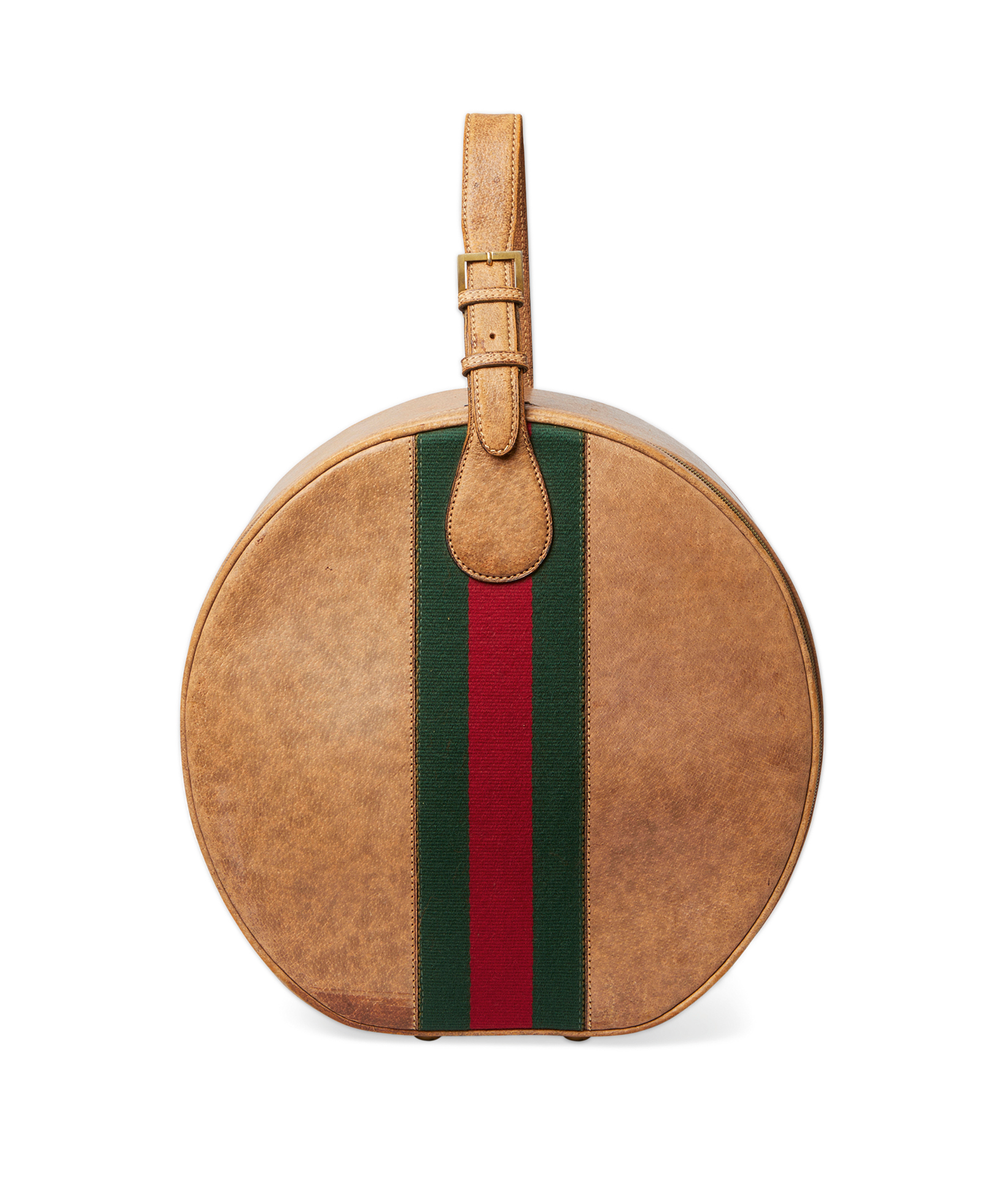 A 1950s leather hatbox from the Gucci Archive, sporting the brand’s now famous green-red-green Web stripe detail. Photo: Courtesy of Gucci Vault