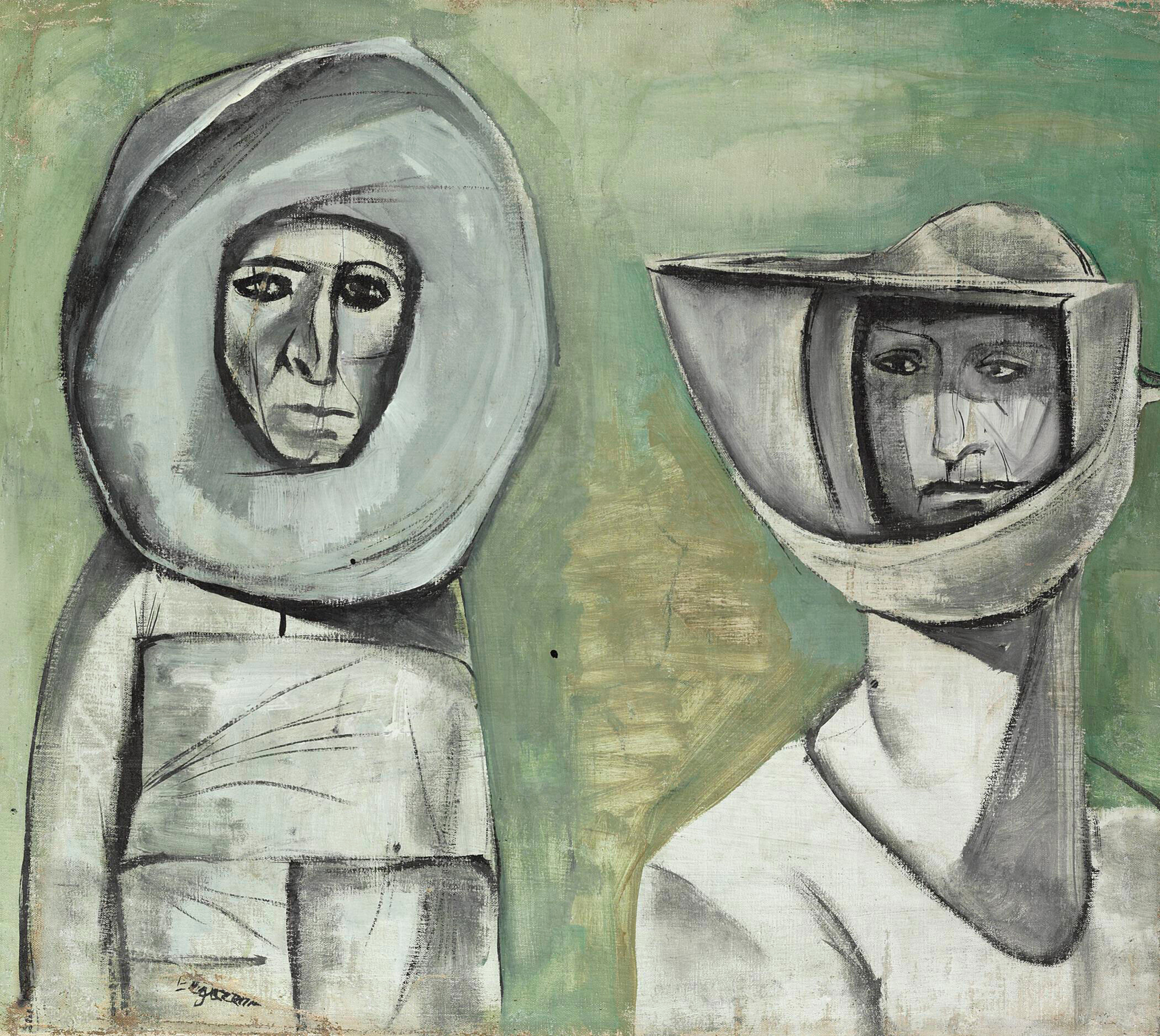 Abdel Hadi El Gazzar (Egypt, 1925-1966), Two People in Space Outfits, 1960s. Oil on canvas. 19⅝ x 22 in (50 x 56 cm). Courtesy of Barjeel Art Foundation