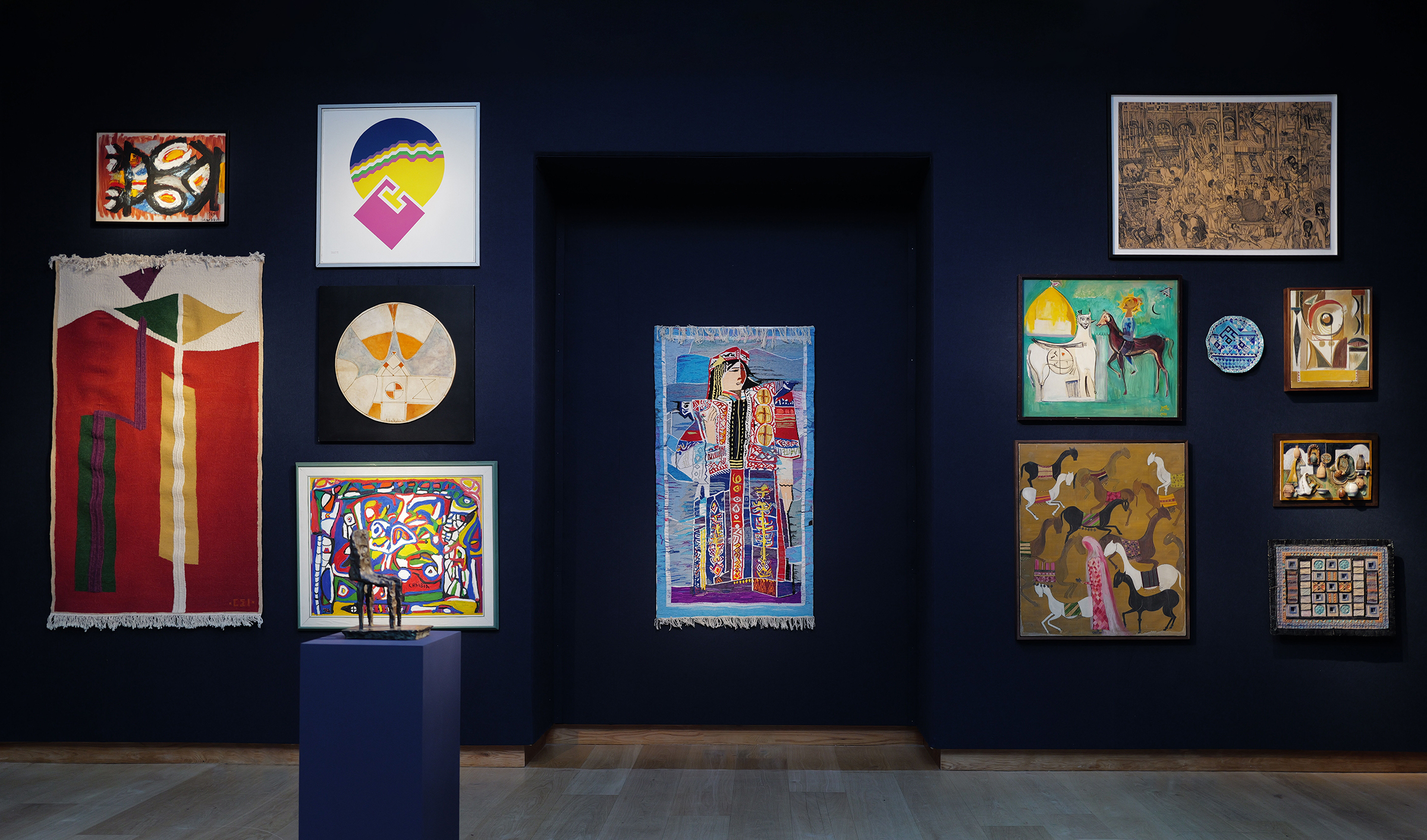 Tapestries by Amina Saoudi and Safia Farhat, alongside canvases by Chaïbia Talal and Jumana El Husseini and the works of ceramicists Wasma’a Khalid Chorbachi and Nuha al-Radi, highlight the foundation’s commitment to female artistic voices. Courtesy of Barjeel Art Foundation. Photo: Amir Hazim