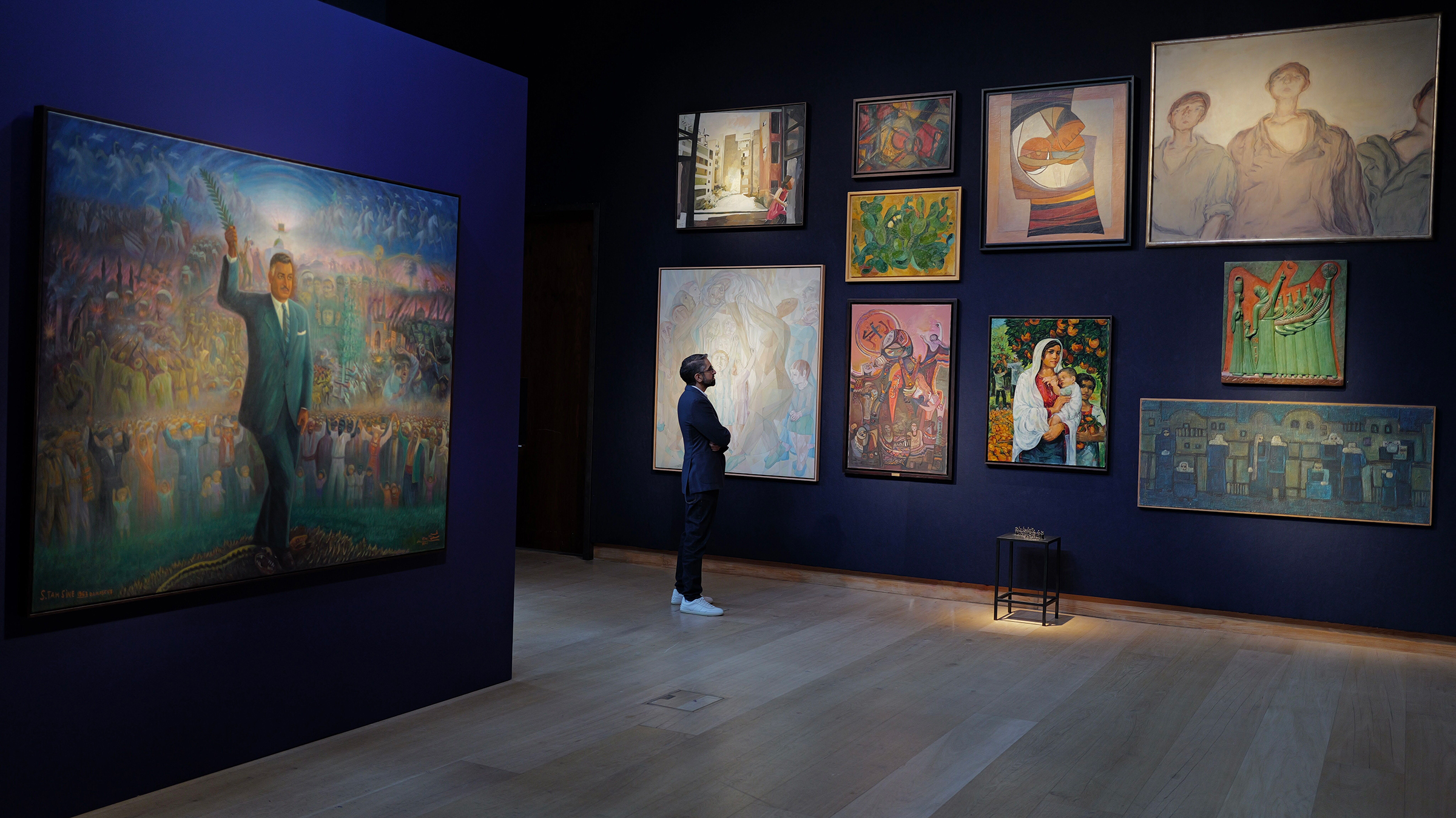 The room dedicated to ‘Modernism and Political Modernities’ at Kawkaba: Highlights from the Barjeel Art Foundation. On the left is the monumental Nation and Leader, 1962, by the Syrian artist Said Tahsin. Courtesy of Barjeel Art Foundation. Photo: Amir Hazim