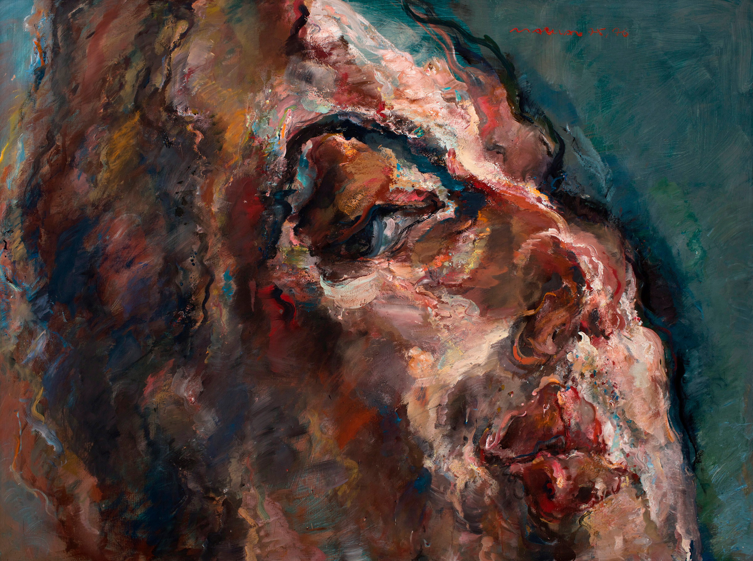 Marwan (Syria, 1934-2016), Head, 1975-76. Tempera on canvas. 79⅛ x 104⅜ in (201 x 265 cm). Courtesy of Barjeel Art Foundation