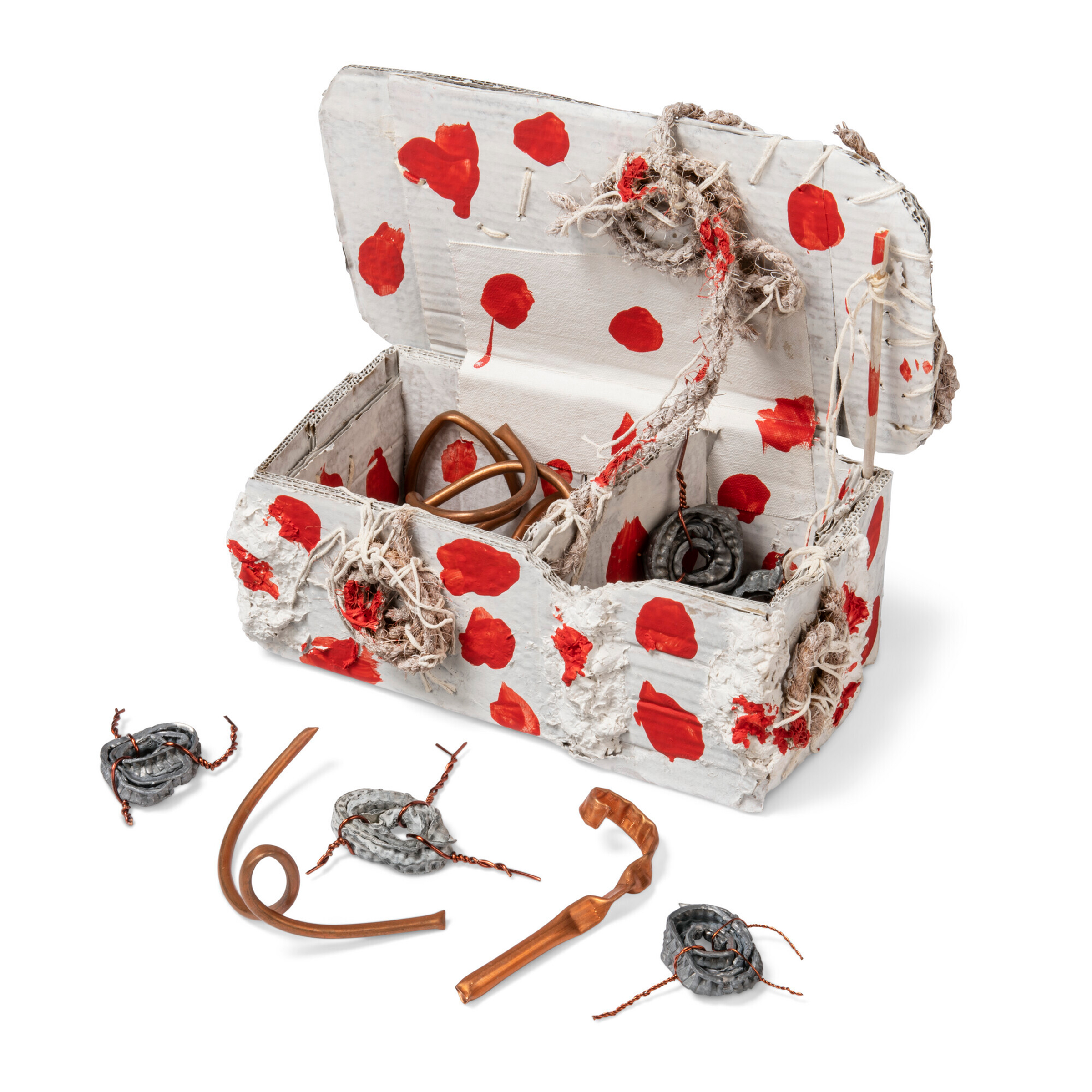 Hassan Sharif (1951-2016), Box No.5, 2014. Lead, copper, cotton rope, coir, cardboard, canvas, papier-mâché, wood and acrylic paint. 5½ x 12⅜ x 6¾ in (14 x 31.5 x 17 cm). Offered via Private Sale. On view in Emirati Art Reimagined: Hassan Sharif and the Contemporary Voices, 20 July-23 August 2023 at Christie’s in London