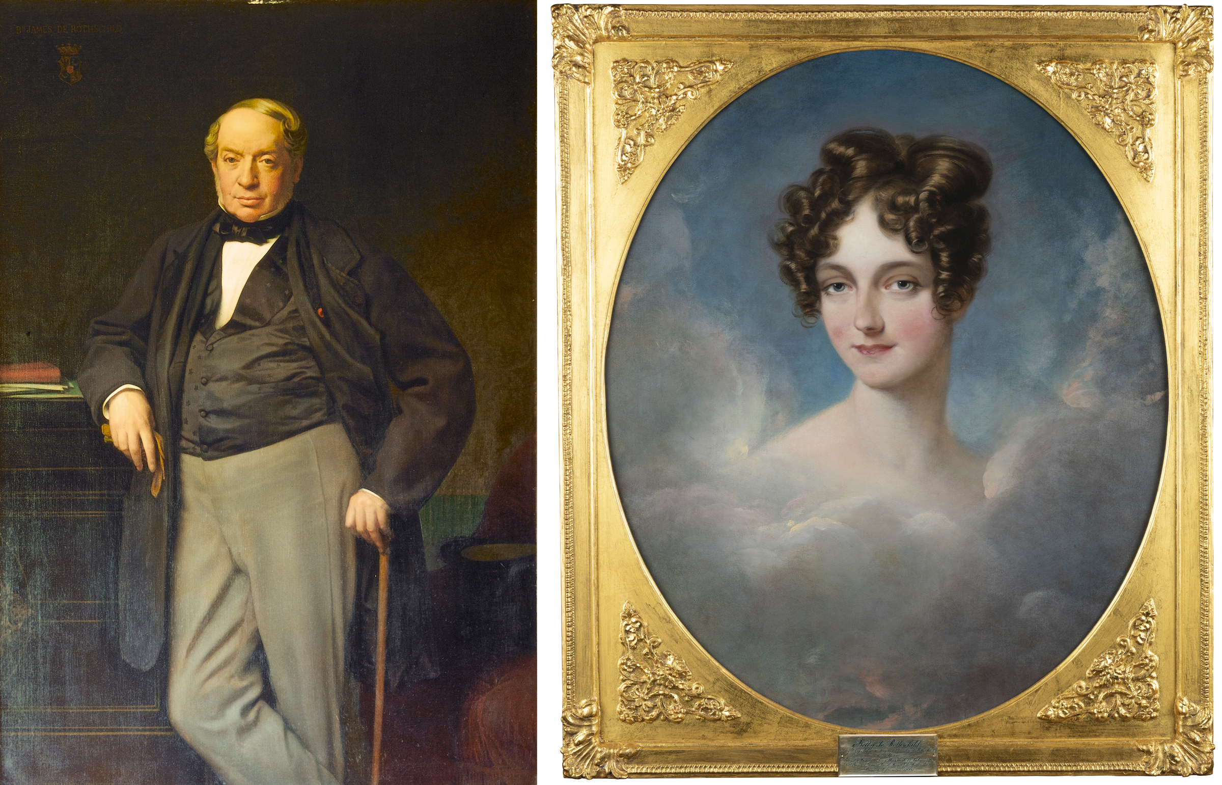 Left: James de Rothschild by Hippolyte Flandrin; Right: Portrait of Betty, Baroness James de Rothschild, head and shoulders with clouds, school of Sir Thomas Lawrence, c. 1825. Reproduced with the permission of The Trustees of the Rothschild Archive