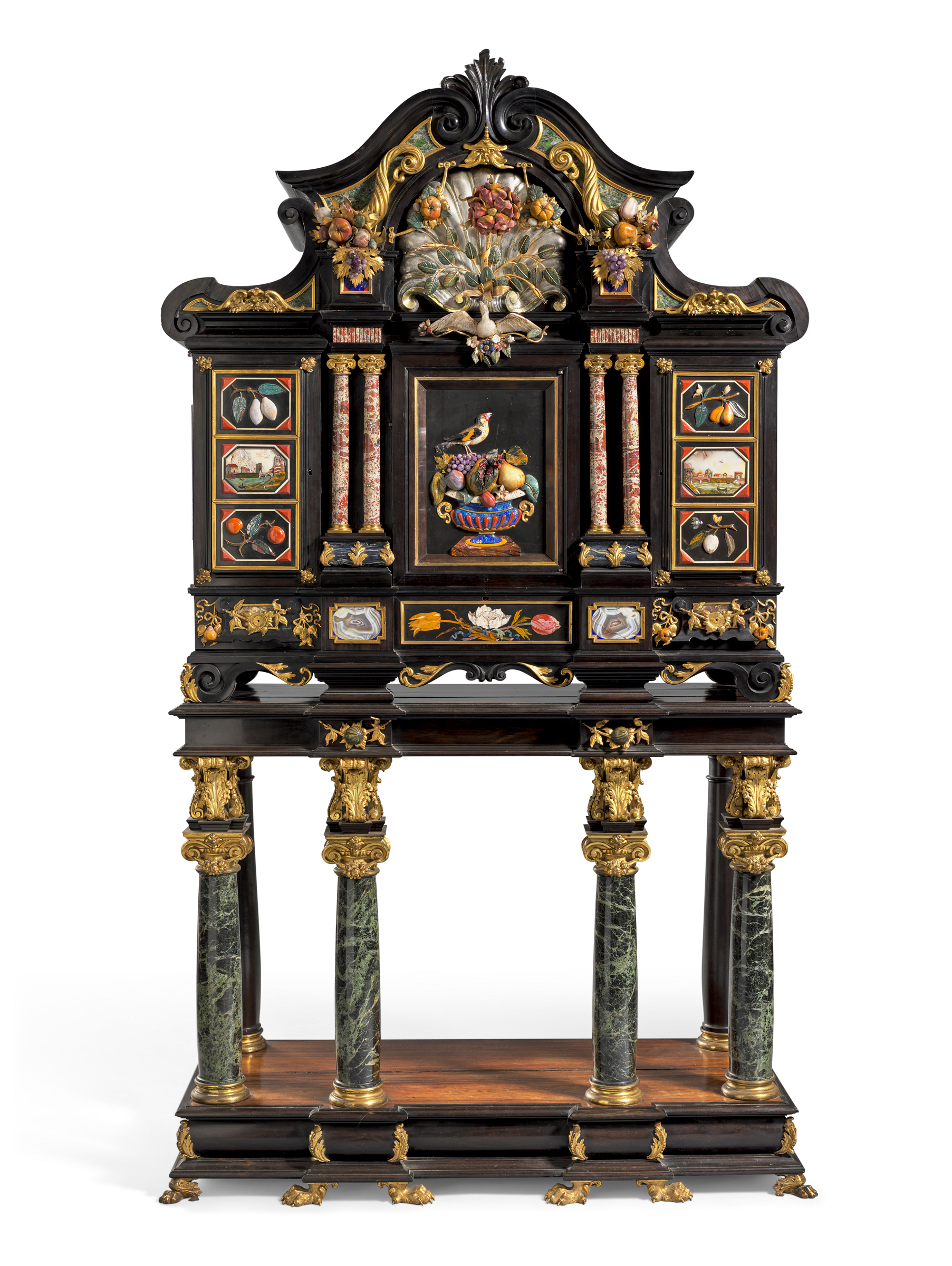 An Italian ormolu-mounted pietra dura and ebony cabinet-on-stand; the cabinet, second half of 17th century, the pietra dura panels, modified in the 18th century, with further embellishments in the mid-19th century, including the stand. 78 in (198.5 cm) high, 45 in (114 cm) wide, 18½ in (47 cm) deep. Estimate: $300,000-500,000. Offered in Rothschild Masterpieces on 11 October 2023 at Christie's in New York