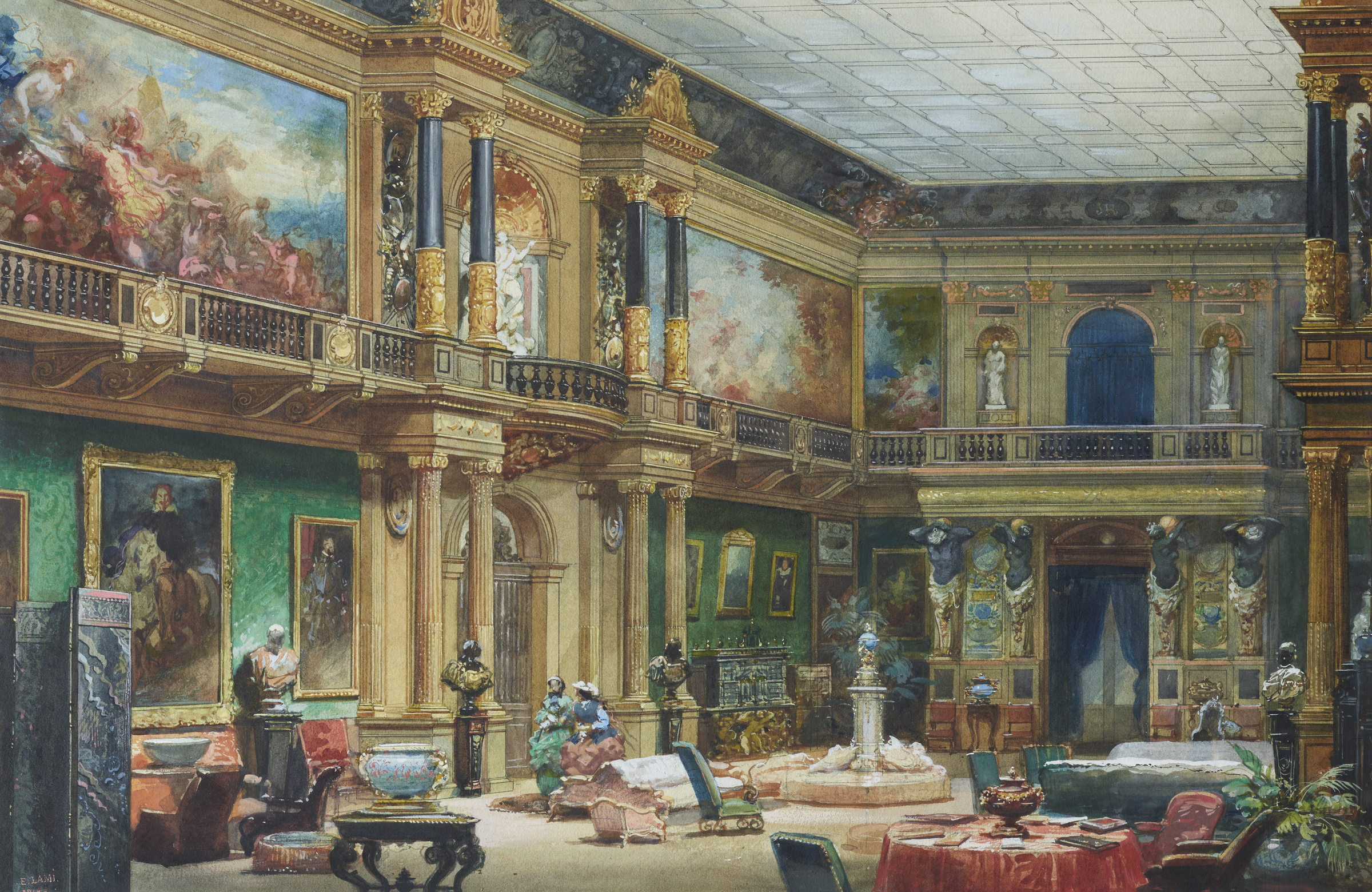 Interior of Château de Ferrières. Watercolor by Eugène Lami