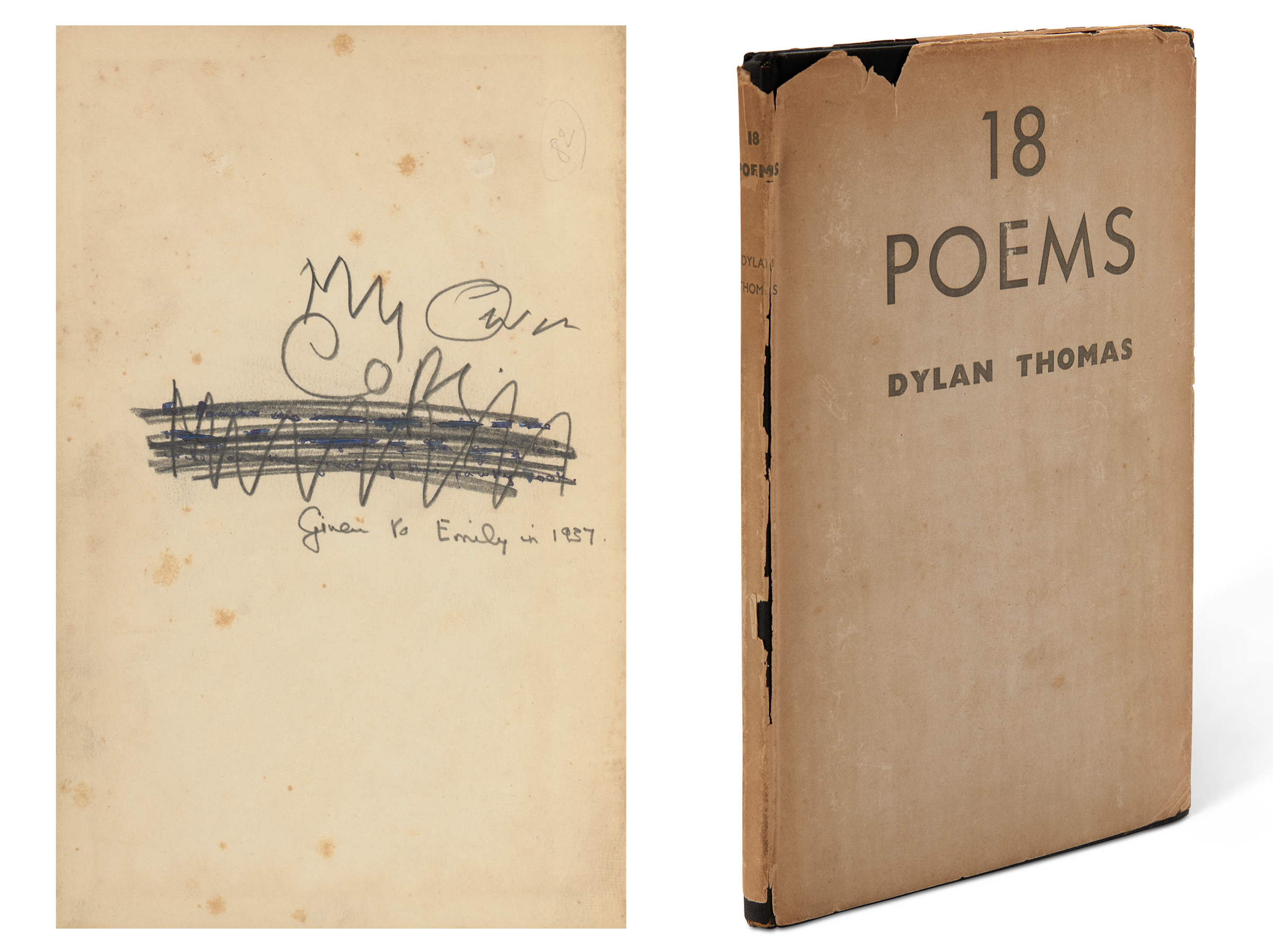 18 Poems, Dylan Thomas, 1934. First edition, first issue of Thomas’s first book: the poet’s own copy, with authorial inscriptions presenting the book at different times to two separate love interests. Sold for £16,380 on 28 September 2023 at Christie’s in London
