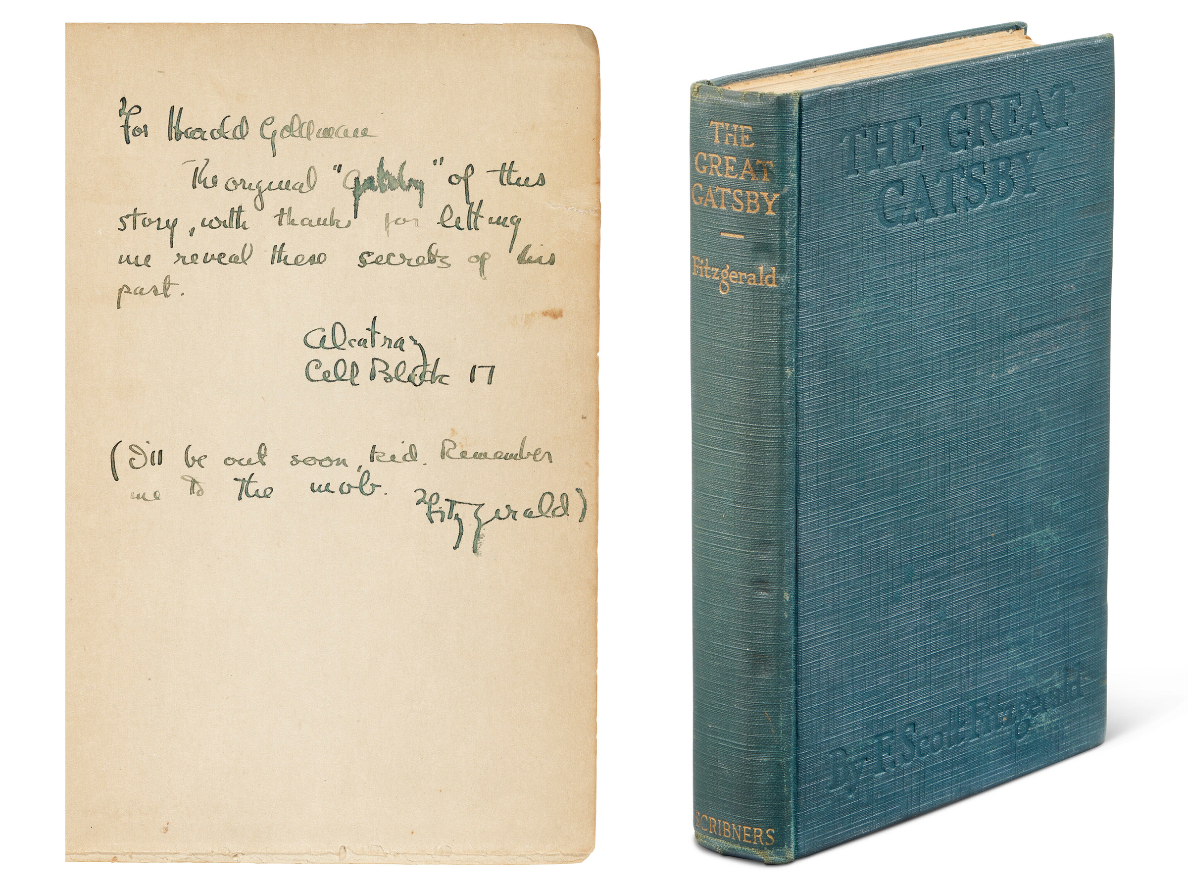 The Great Gatsby, F. Scott Fitzgerald, 1925. Extraordinary first edition presentation copy inscribed by the author to ‘the original “Gatsby”’. Sold for £226,800 on 28 September 2023 at Christie’s in London