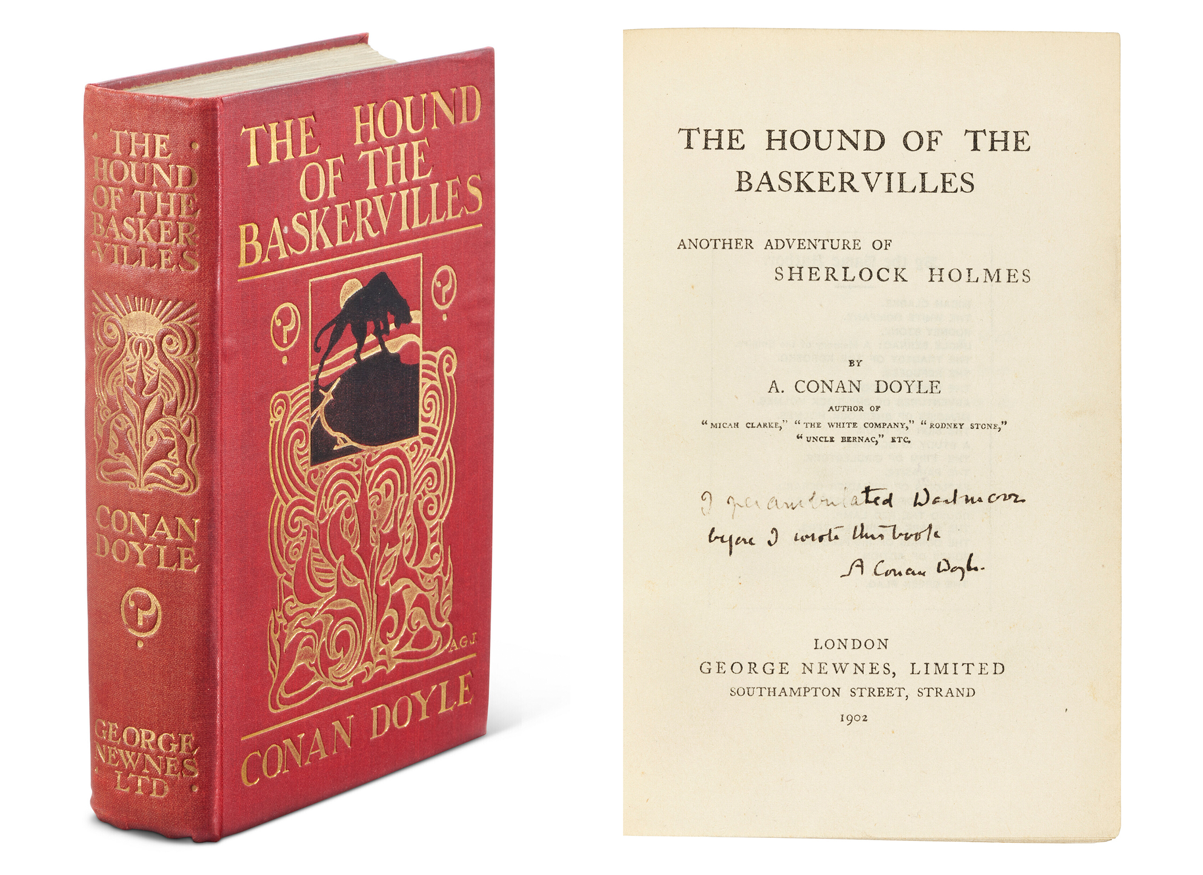 The Hound of the Baskervilles, Arthur Conan Doyle, 1902. Presentation copy of the first edition, inscribed by the author on the title page: ‘I perambulated Dartmoor before I wrote this book, A Conan Doyle’. Sold for £214,200 on 28 September 2023 at Christie’s in London