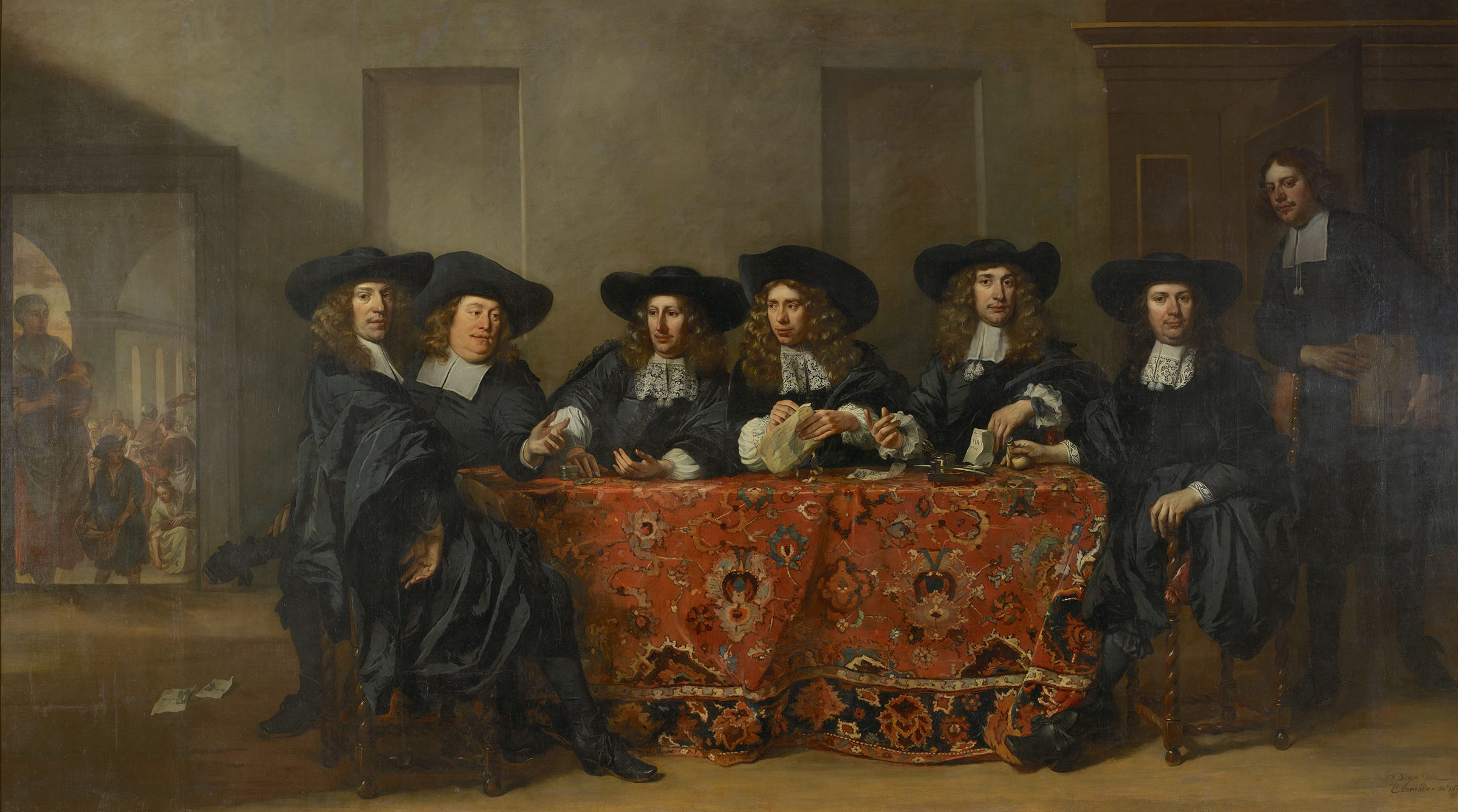 Pieter van Anraedt (1635-78), Six Regents and the Housemaster of the Oudezijds Institute for the Outdoor Relief of the Poor, Amsterdam, 1675