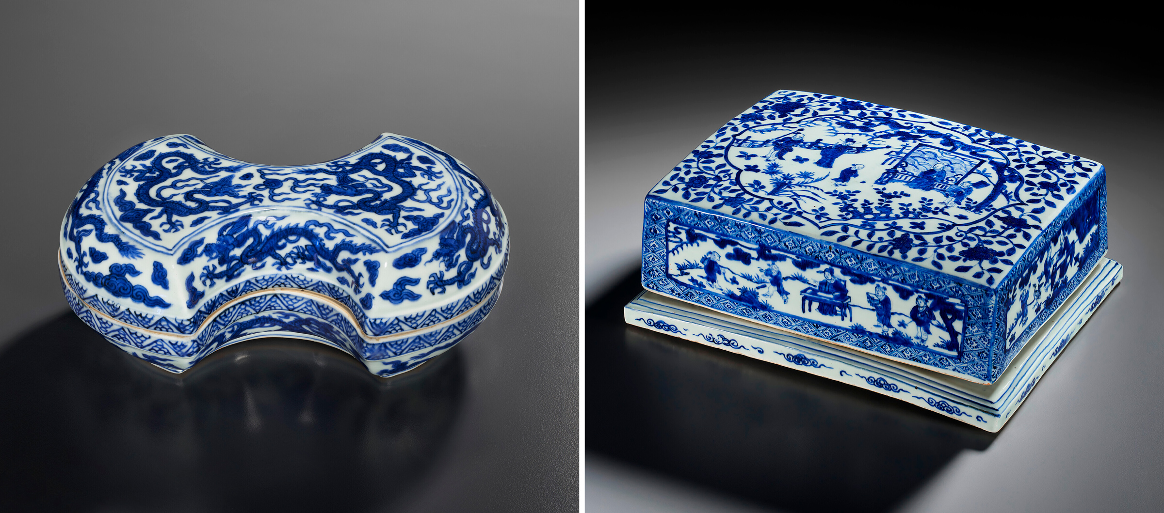 Left: A rare blue and white ingot-shaped ‘dragon’ box and cover, 1573-1620. 8⅝ in (22 cm) wide. Estimate: $350,000-450,000. Right: A very rare blue and white writing box and cover, 1573-1620. 12⅛ in (30.9 cm) wide; 8⅞ in (22.6 cm) deep. Estimate: $250,000-350,000. Both offered in Marchant: Eight Treasures for the Wanli Emperor on 21 September 2023 at Christie’s in New York