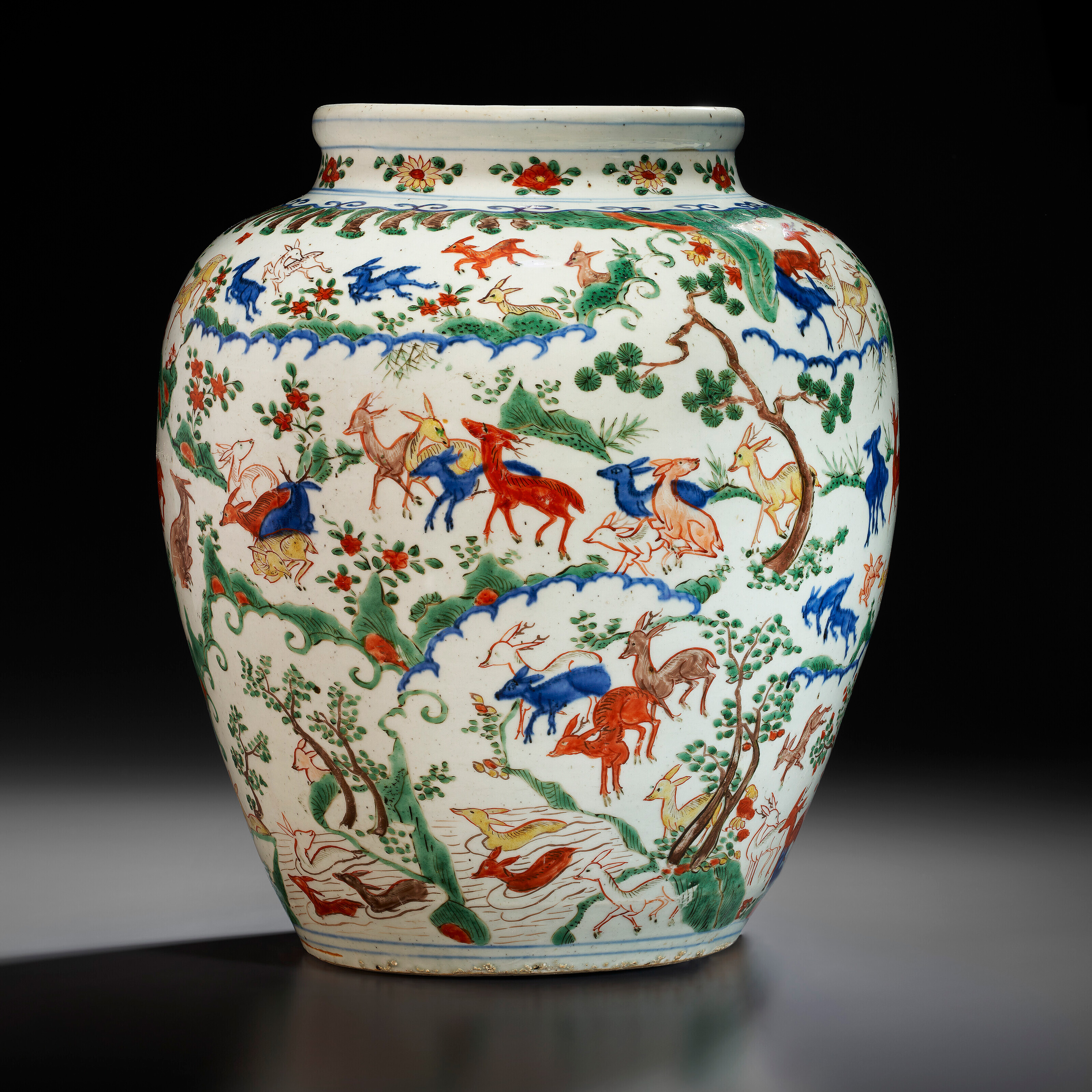 The Keswick 'hundred deer' jar, a very rare and important wucai 'hundred deer' jar, 1573-1620. Estimate: $700,000-900,000. Offered in Marchant: Eight Treasures for the Wanli Emperor on 21 September 2023 at Christie’s in New York