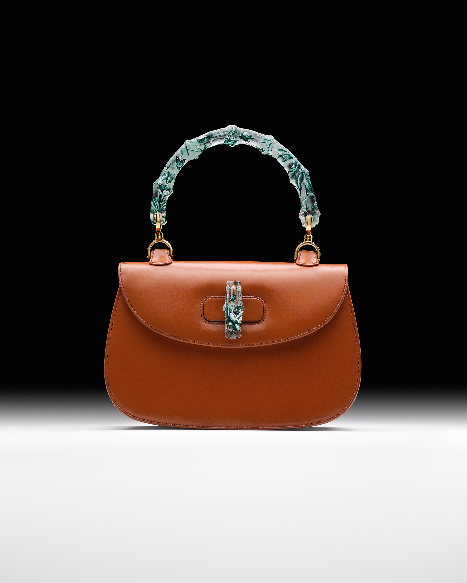 A unique cuir brown leather Gucci Bamboo bag, with Murano glass handle and closure; hand-painted with Gucci Herbarium motif, 1990 and 2023, offered in Handbags Online: The Paris Edit, 31 October to 14 November 2023 at Christie's