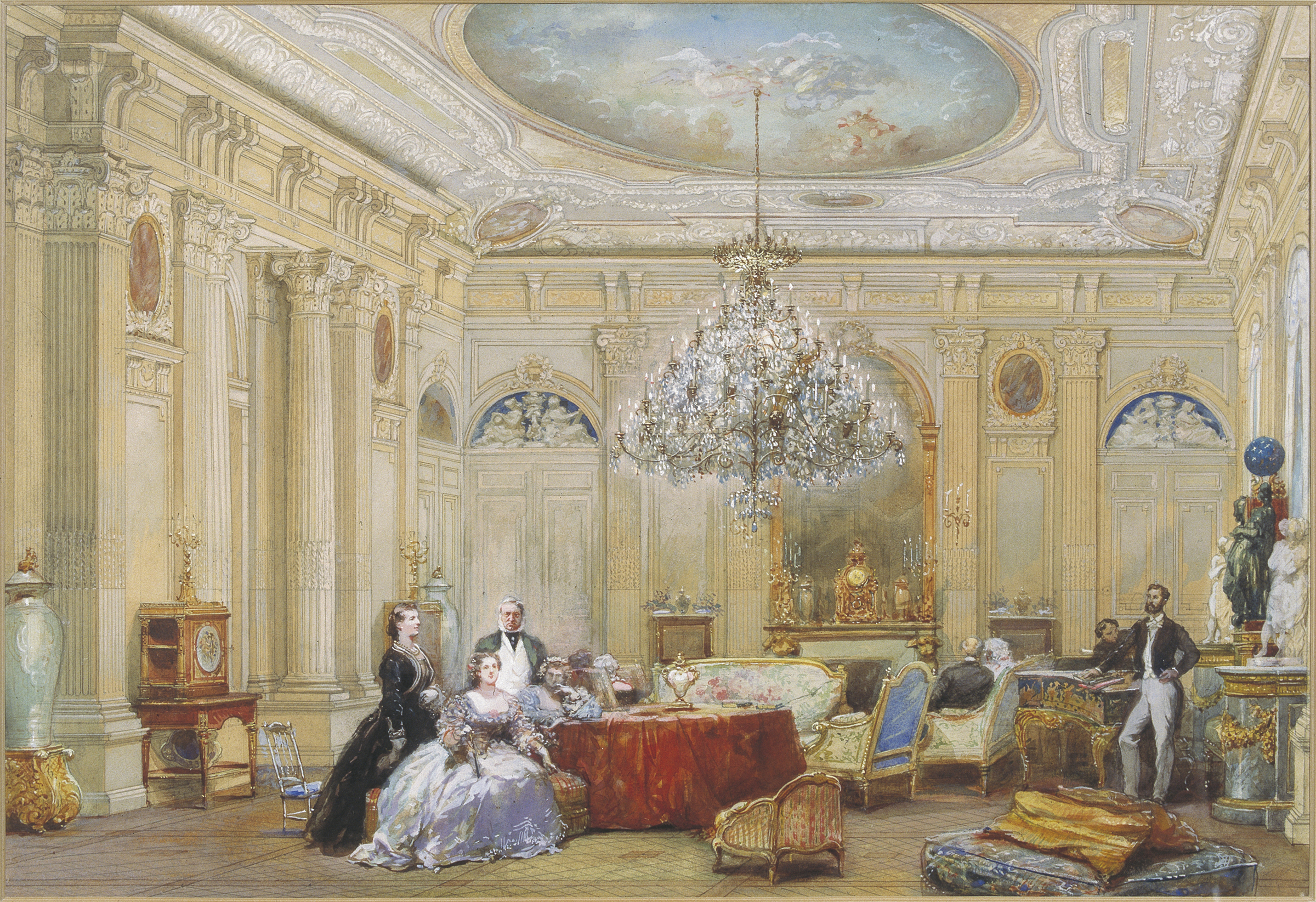 Interior of Château de Ferrières. Watercolor by Eugène Lami