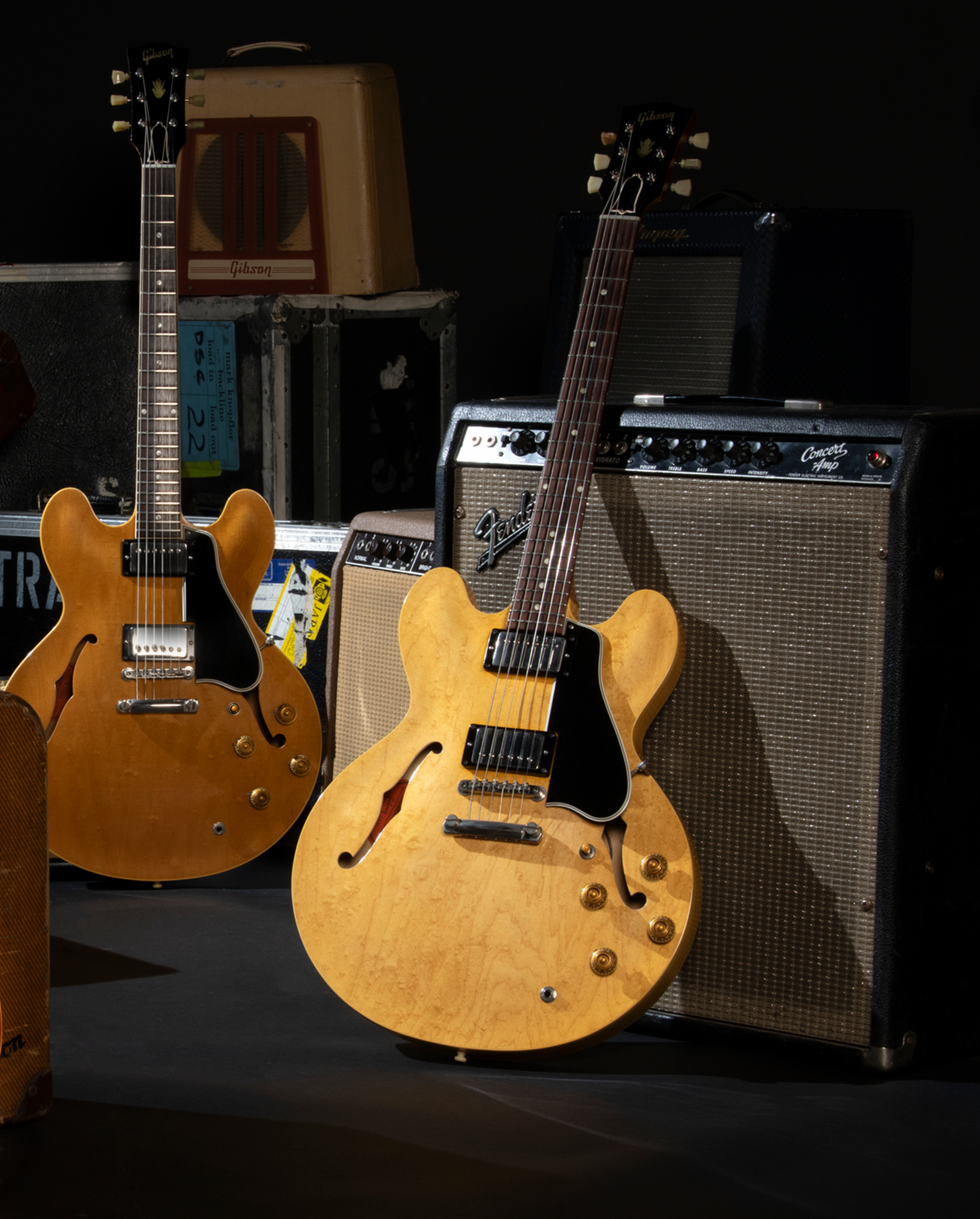 Left: Gibson Incorporated, Kalamazoo, Michigan, 1960. A semi-hollowbody electric guitar, ES-335 TDN. Right: Gibson Incorporated, Kalamazoo, Michigan, 1958. A semi-hollowbody electric guitar, ES-335 TN, both offered in The Mark Knopfler Guitar Collection on 31 January 2024 at Christie's in London