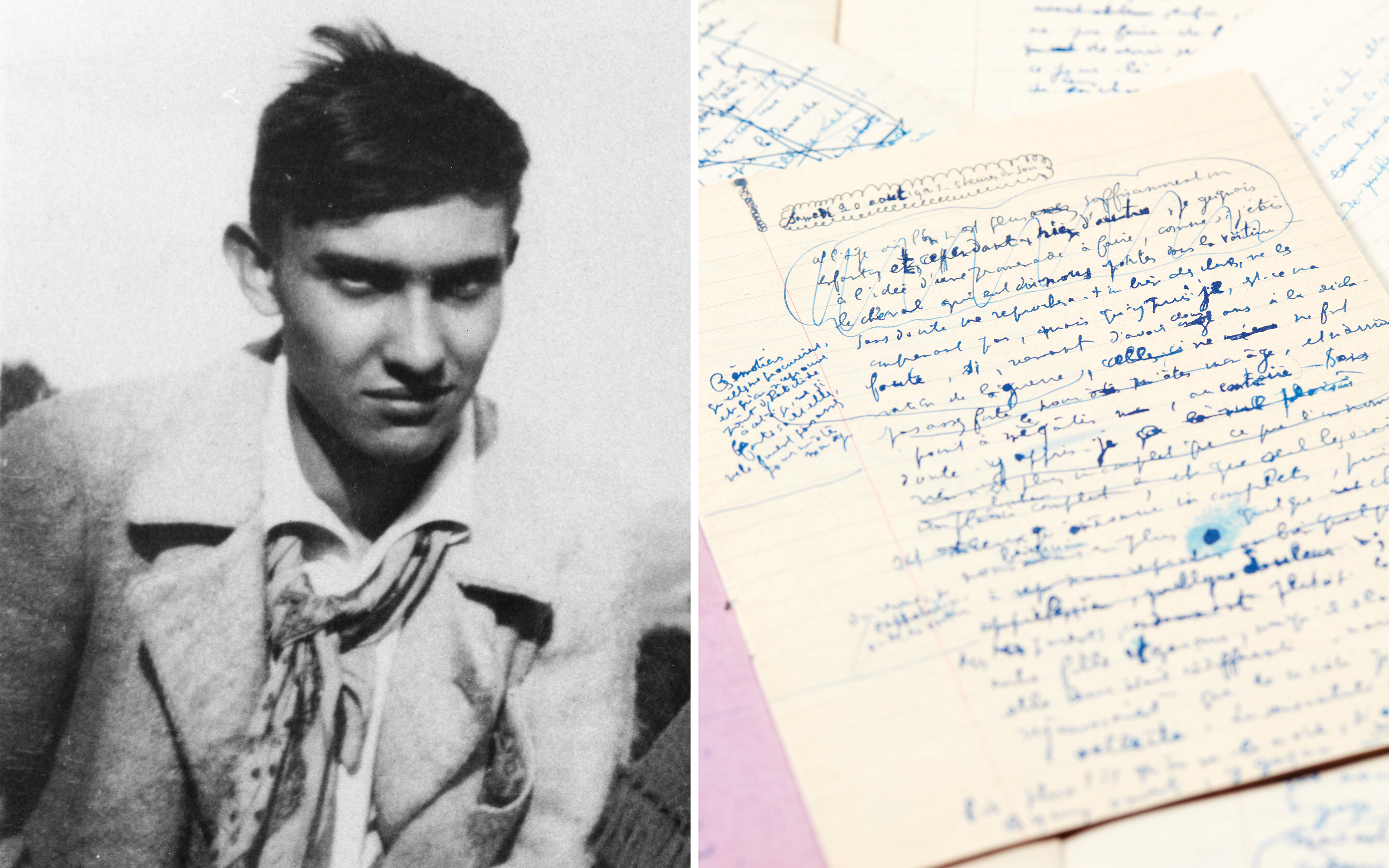 Left, Raymond Radiguet, circa 1920. Right, Radiguet's working manuscript for Le Diable au corps (The Devil in the Flesh), offered in Livres rares et Manuscrits, incluant une sélection de la bibliothèque de la famille Rothschild on 22 November 2023 at Christie's in Paris