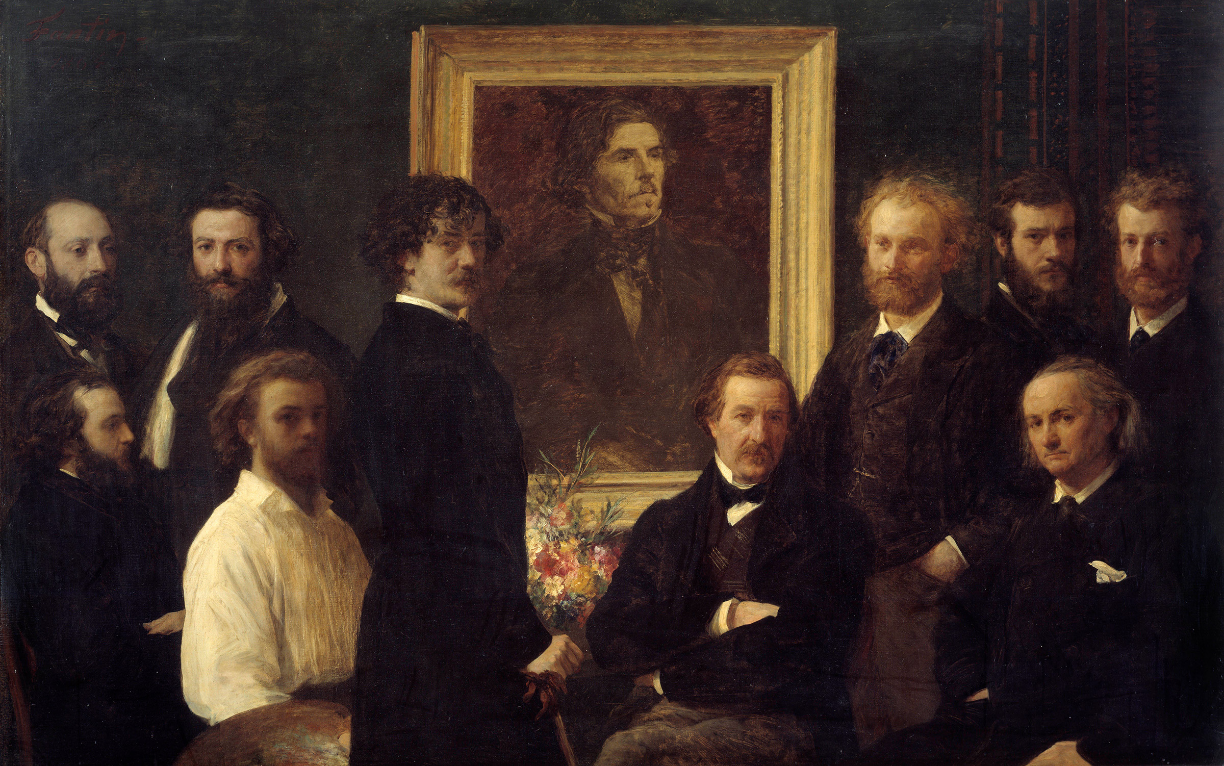 Henri Fantin-Latour, Homage to Delacroix, 1864. Manet (standing immediately to the right of the Delacroix portrait) and Duranty (in side profile on the far left) are among the luminaries depicted, as are Whistler, Baudelaire and Champfleury