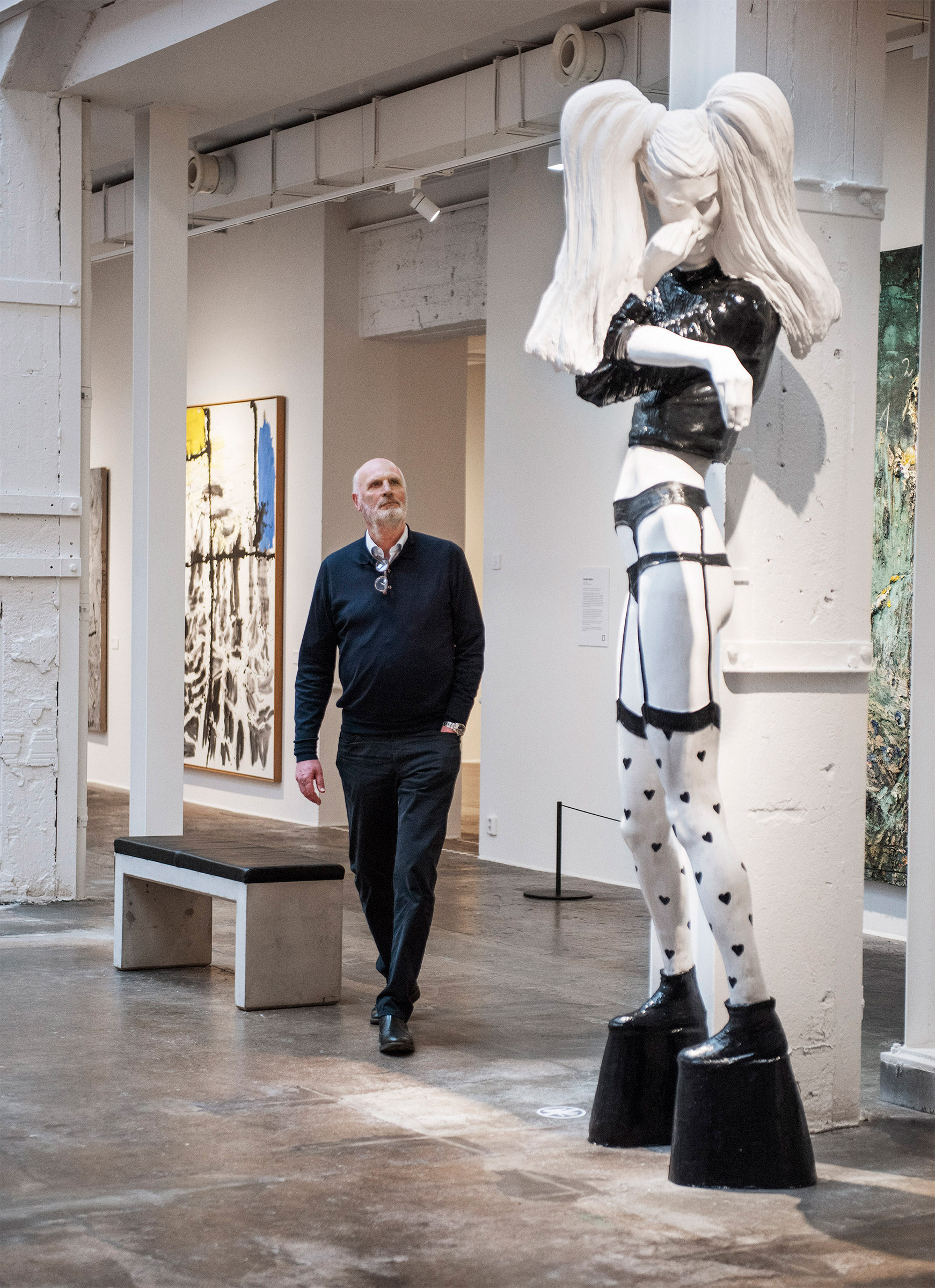 Mikael Stahl with Cajsa von Zeipel's The Zoo Collective Elephant, 2013. Partially visible is a canvas by Georg Baselitz, Sandteichdamm dunkel, 2008