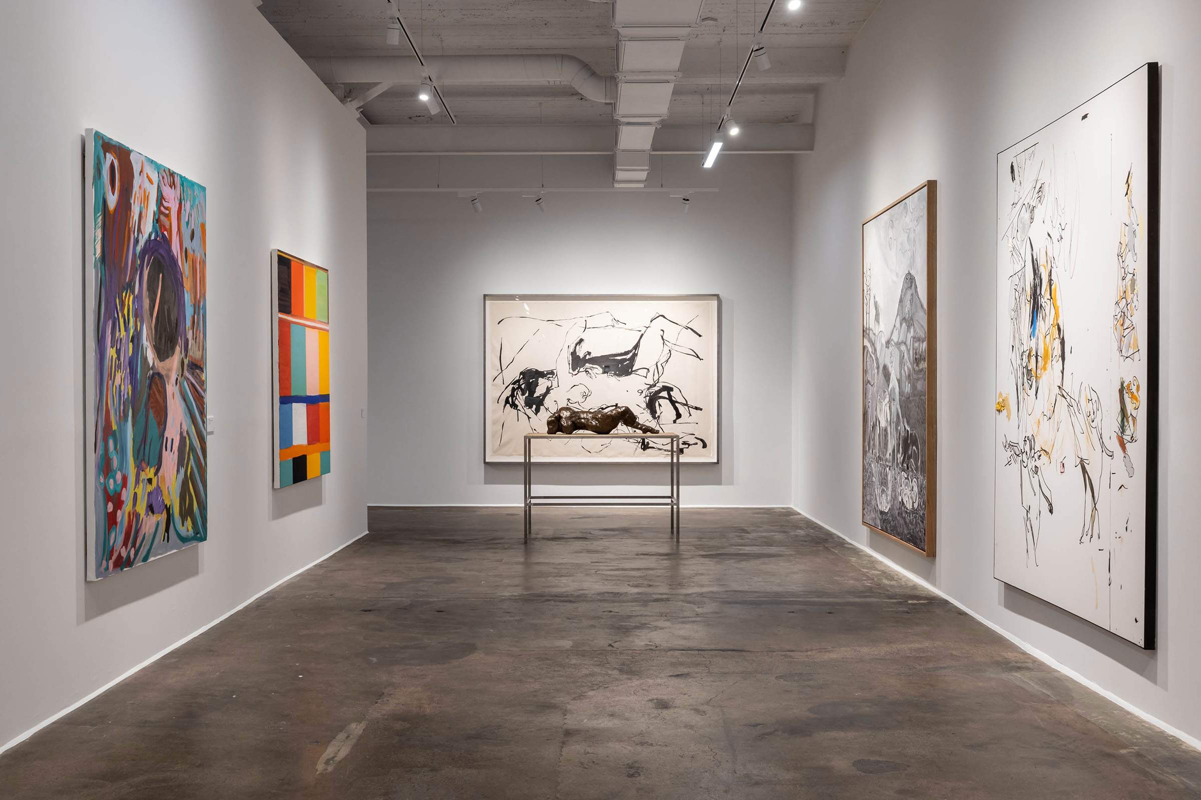 Works from the the Stahl Collection currently on view include (clockwise from left): Josh Smith, How Are the Birds, 2022; Stanley Whitney, Newyorkliscious, 2009; two works by Tracey Emin — a bronze sculpture, Every part of me feels you, 2014, and an embroidery Keep me Coming, 2016 — Tobias Pils, The Rest, 2021, and Secundino Hernandez, Untitled #18, 2013