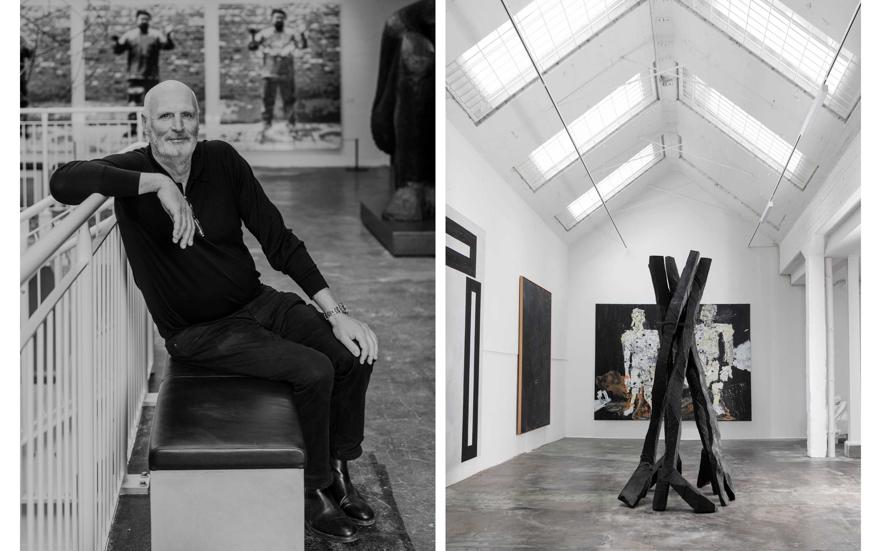 Mikael Stahl in the entrance hall of the Stahl Collection, and works by Andre Butzer and Georg Baselitz