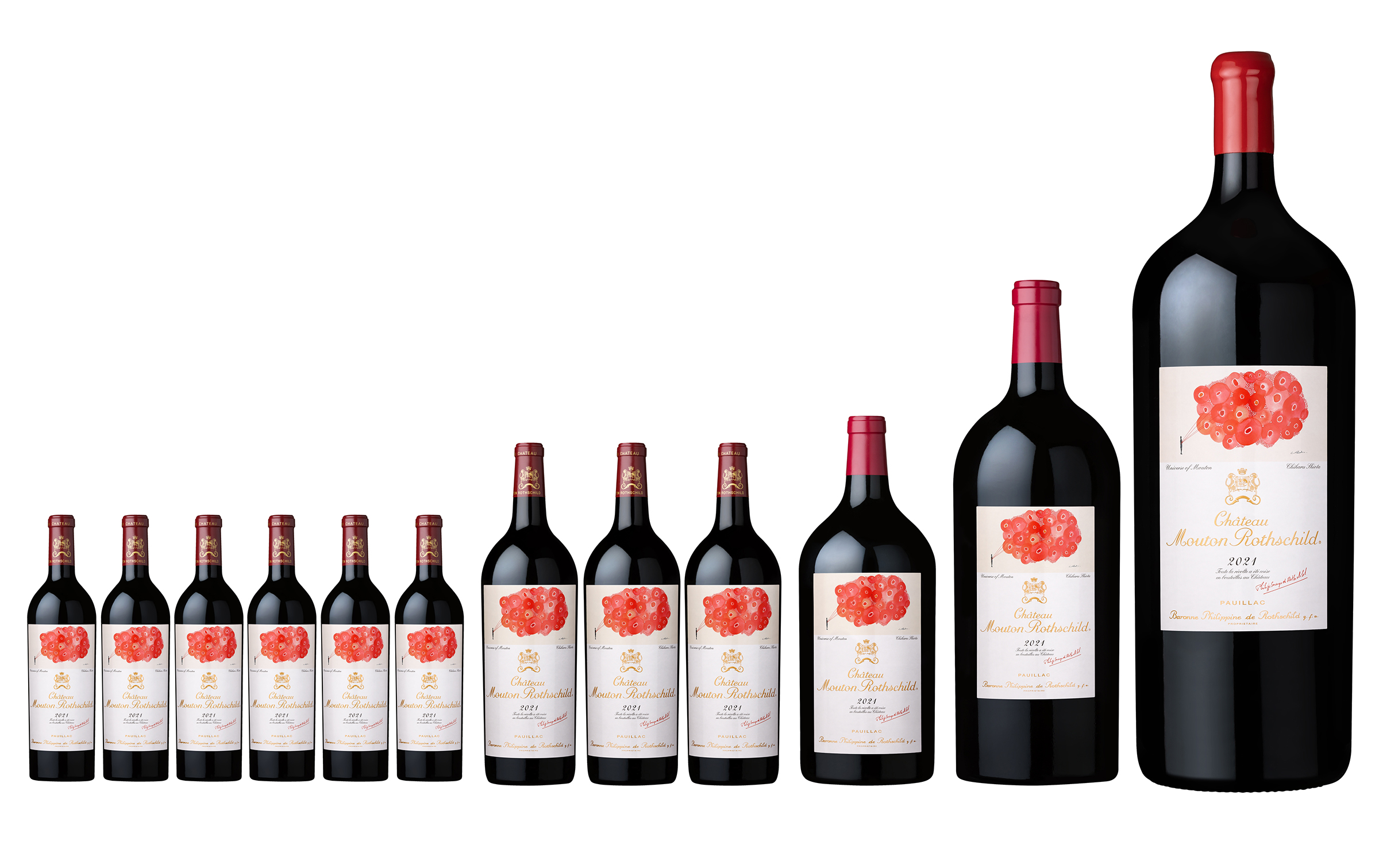 Chateau Mouton Rothschild 2021: Unique Lot and Experience. 6 bottles, 3 magnums, 1 double-magnum, 1 imperial and 1 nebuchadnezzar, offered in Chateau Mouton Rothschild 2021 Artist Reveal: Unique Lot and Experience, until 8 December 2023 at Christie's Online