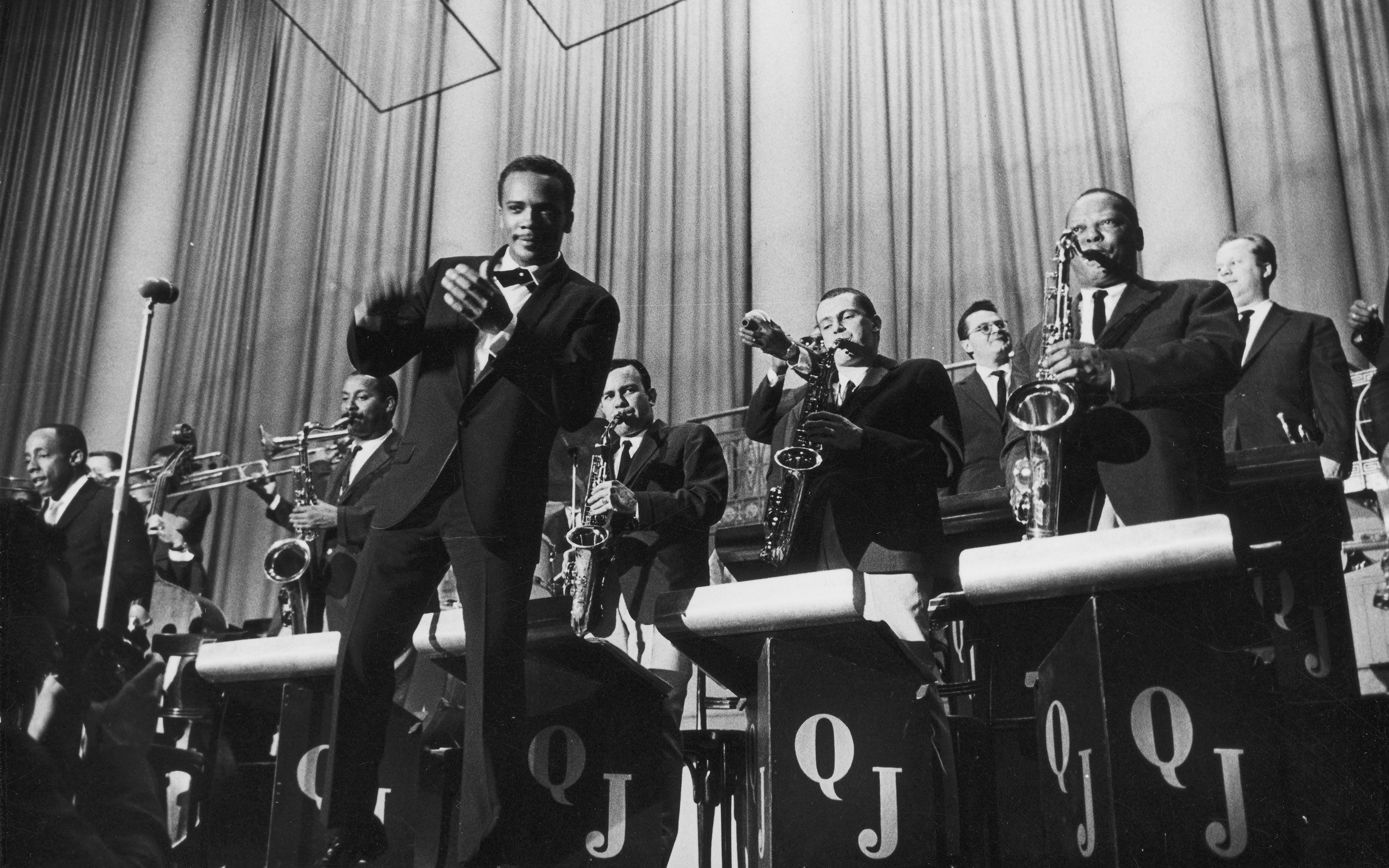 Jazz musician Quincy Delight Jones Jr. with his Big Band. Konzerthaus. Vienna. About 1960. Photograph by Franz Hubmann. Courtesy Franz Hubmann/Imagno/Getty Images