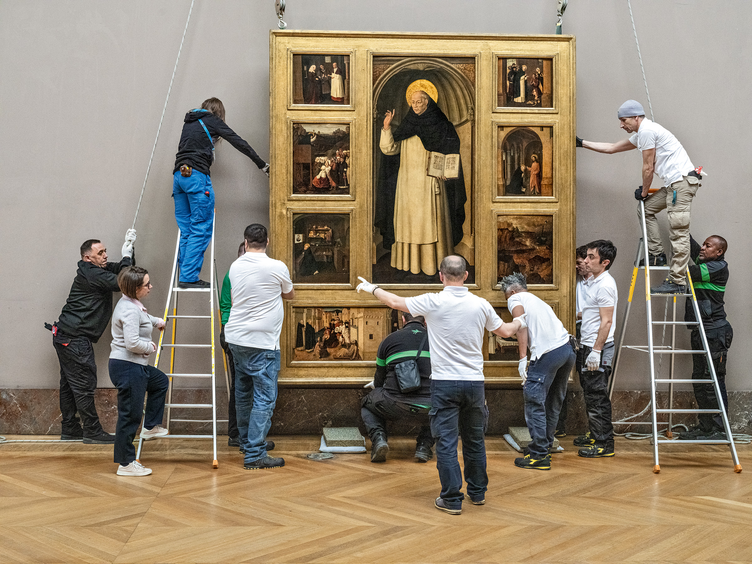 The installation of Colantonio's altarpiece of Saint Vincent Ferrer in the Louvre, photographed by Robert Polidori
