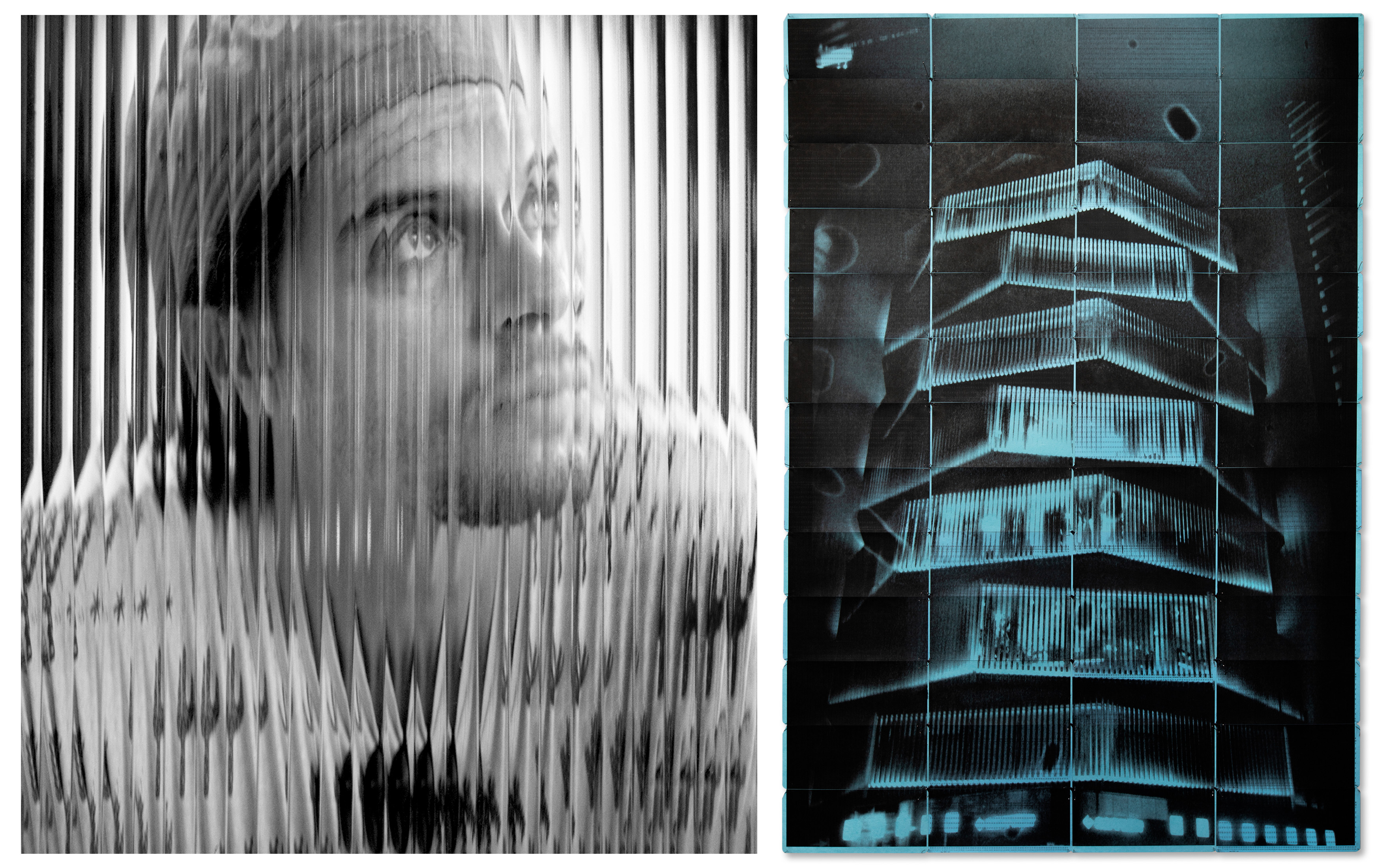 Artist Antony Cairns, left, and his work IBM TYO5_010, 2023, offered in We are the Future: Knocking on Heaven's Door, until 14 February at Christie's in London. Portrait: Clare Hewitt