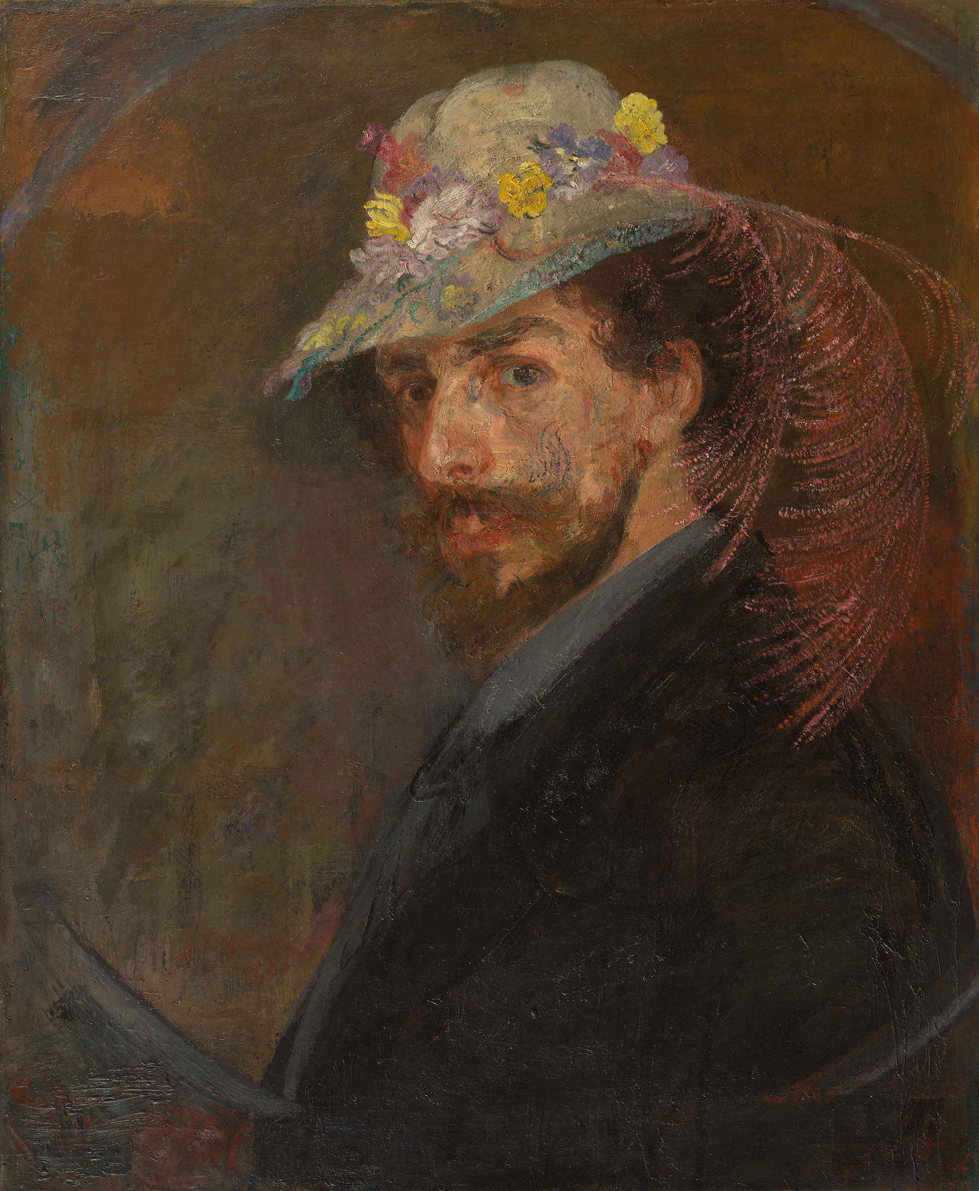James Ensor, Zelfportret met bloemenhoed (Self-portrait with Flower Hat), 1883-88, at Mu.ZEE, City of Ostend Collection