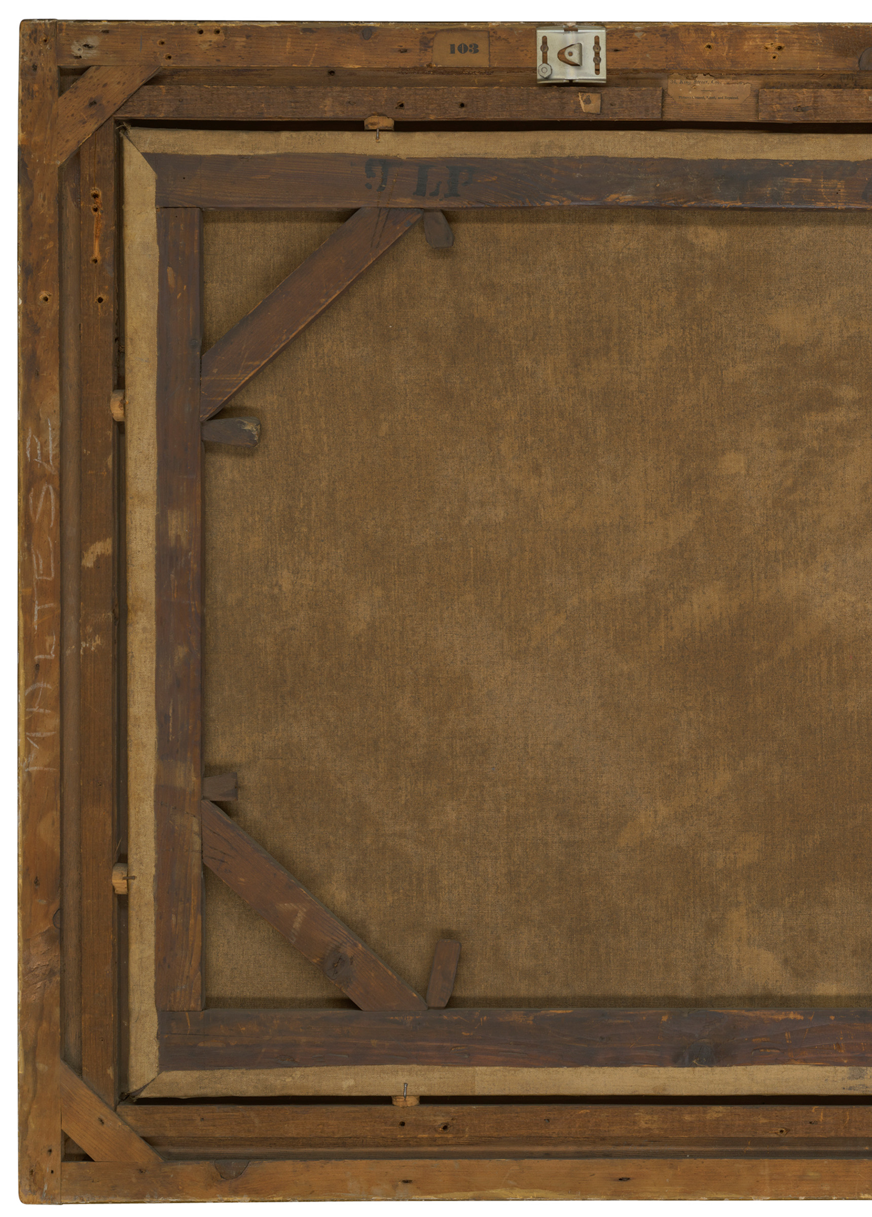 A Christie's stencil on the stretcher reading 9 LP is a valuable clue to its provenance. Identifiable from a stock-book entry made in 1958, it shows that the painting came from the internationally important Chatsworth collection
