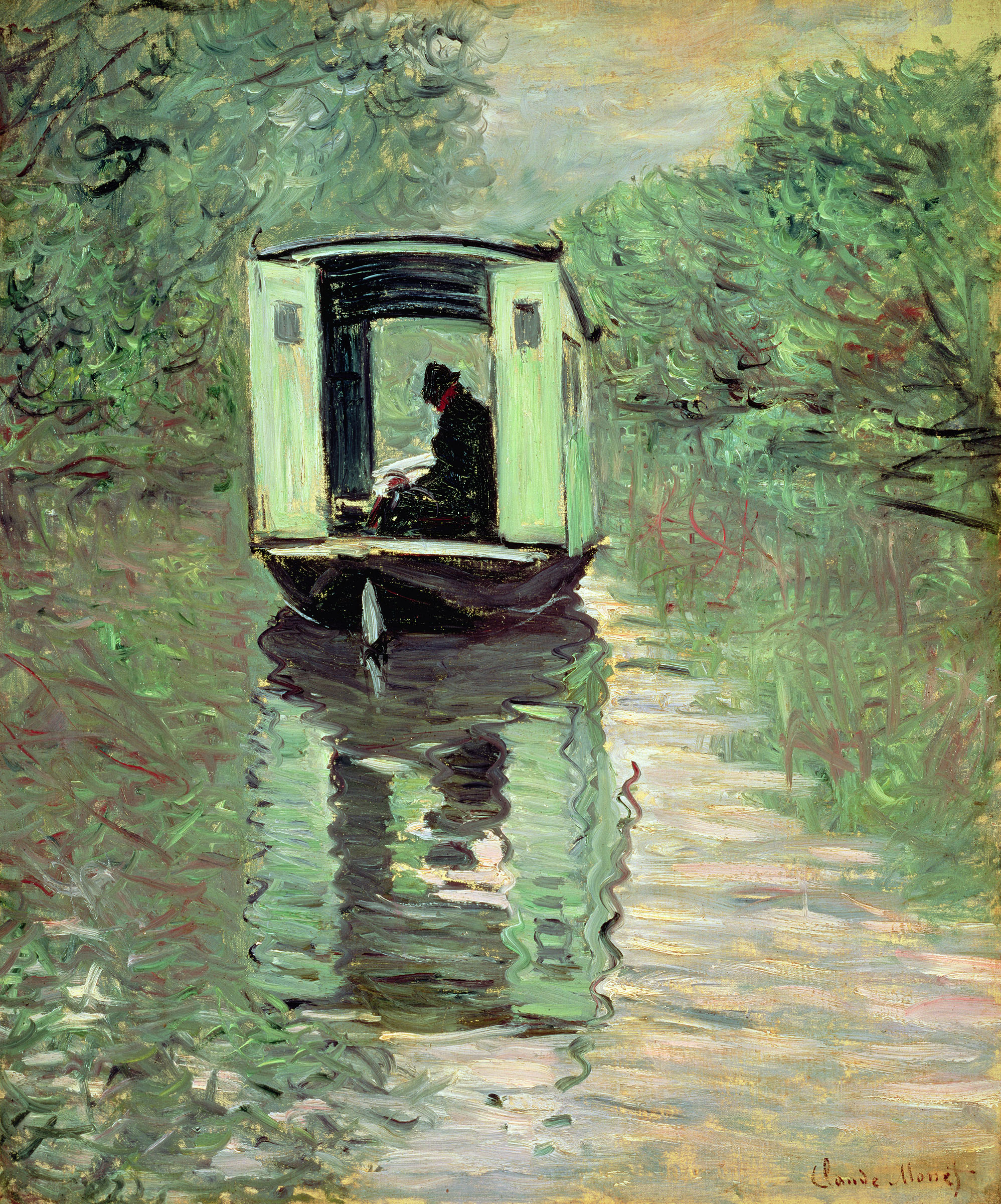 Claude Monet, The Boat Studio (Le Bateau-atelier), 1876, the self-portrait shows the artist at work in his studio boat on the Seine in Argentueil