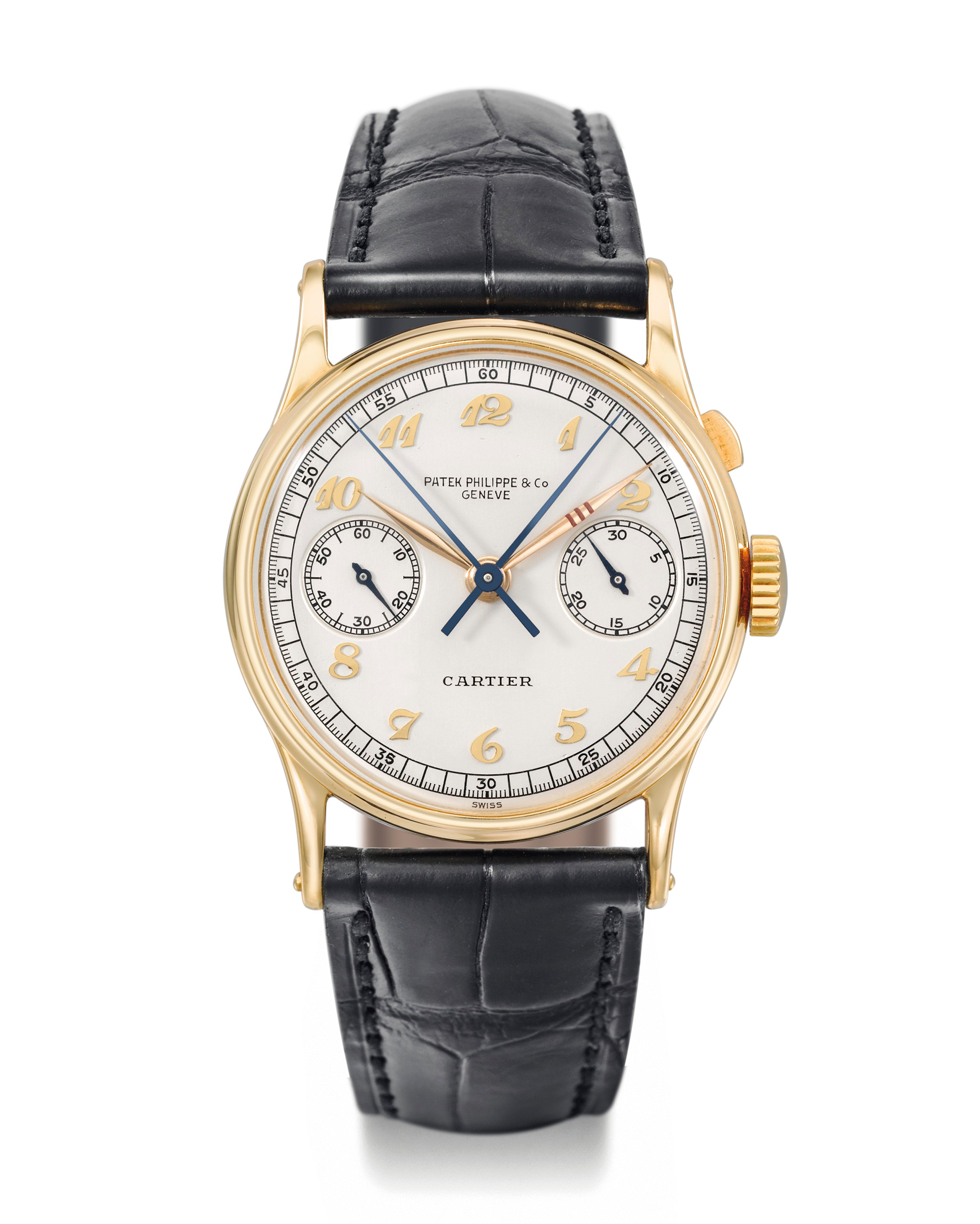 Patek Philippe. An 18k gold wristwatch with single button split-seconds chronograph, ref. 130, 1930, retailed by Cartier, sold for CHF485,000 on 9 November 2014 at Christie's in Geneva