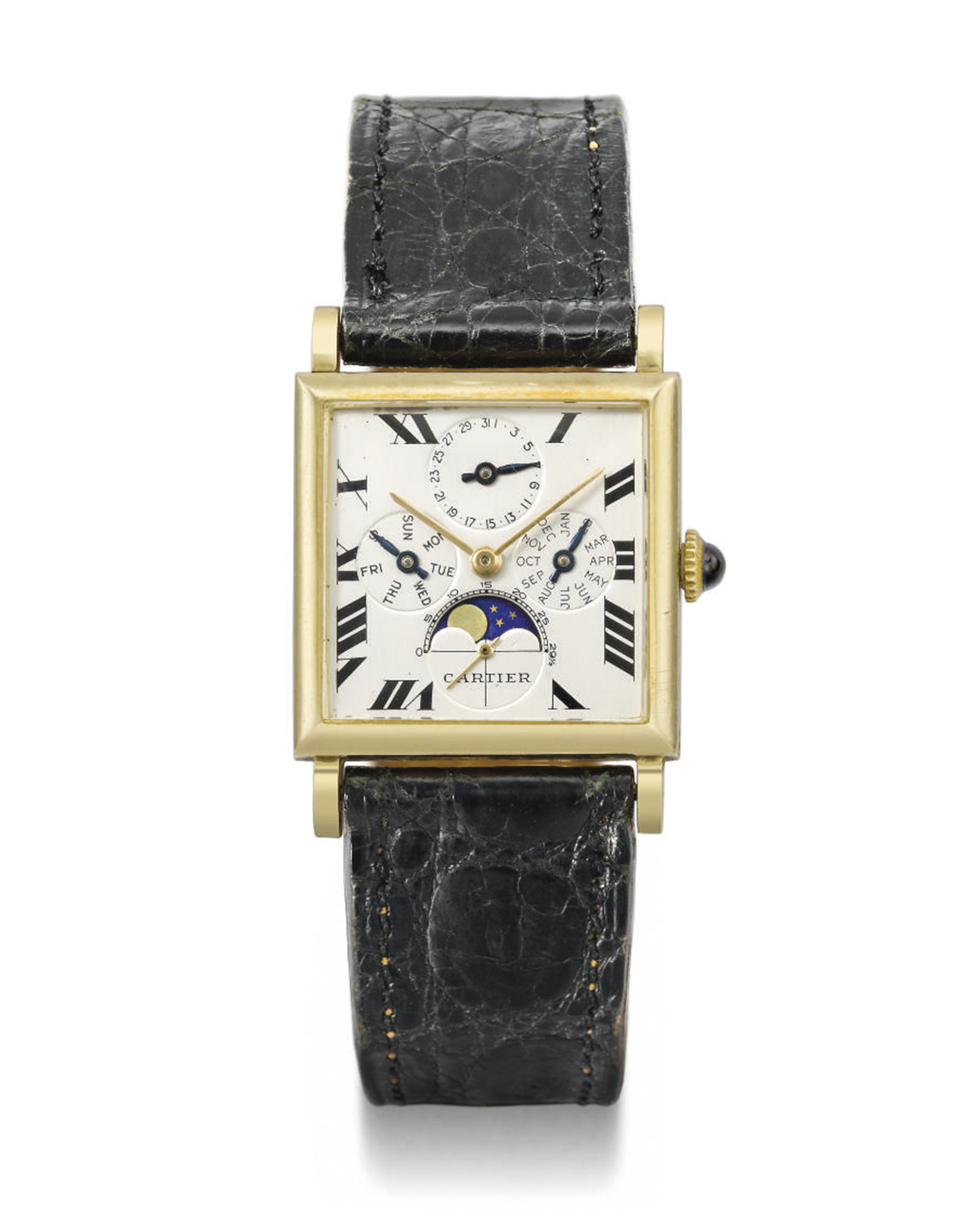 Audemars Piguet. An 18k gold square triple-calendar wristwatch with moon phases, retailed by Cartier, sold for CHF36,250 on 17 November 2008 at Christie's in Geneva