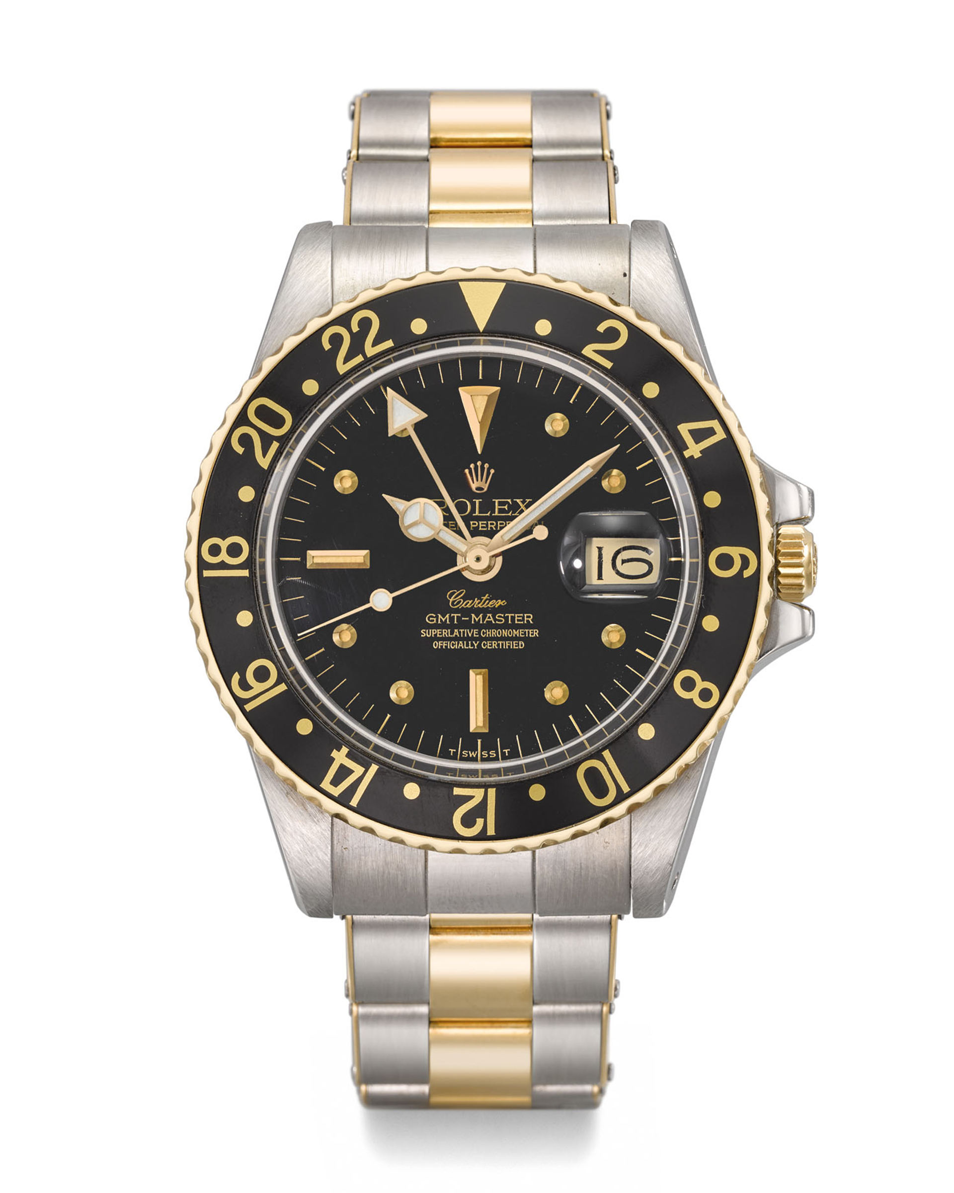 Rolex. A stainless steel and gold automatic dual-time wristwatch, Oyster Perpetual, GMT-Master, circa 1978, retailed by Cartier, sold for CHF68,750 on 20 July 2020 at Christie's in Geneva