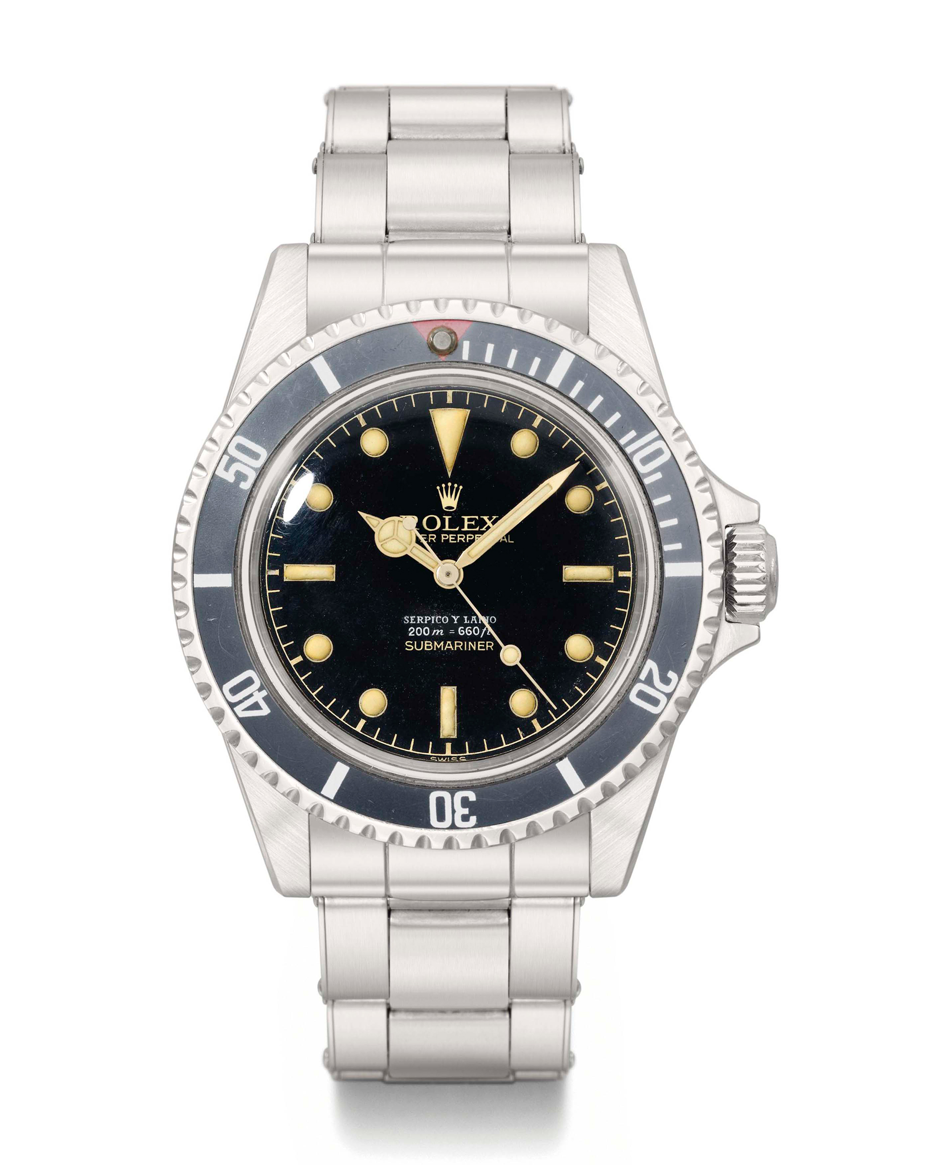 Rolex. A stainless steel automatic wristwatch with sweep centre seconds, Oyster Perpetual, Submariner, ref. 5512, circa 1959, retailed by Serpico y Laino, sold for CHF191,000 on 11 November 2013 at Christie's in Geneva