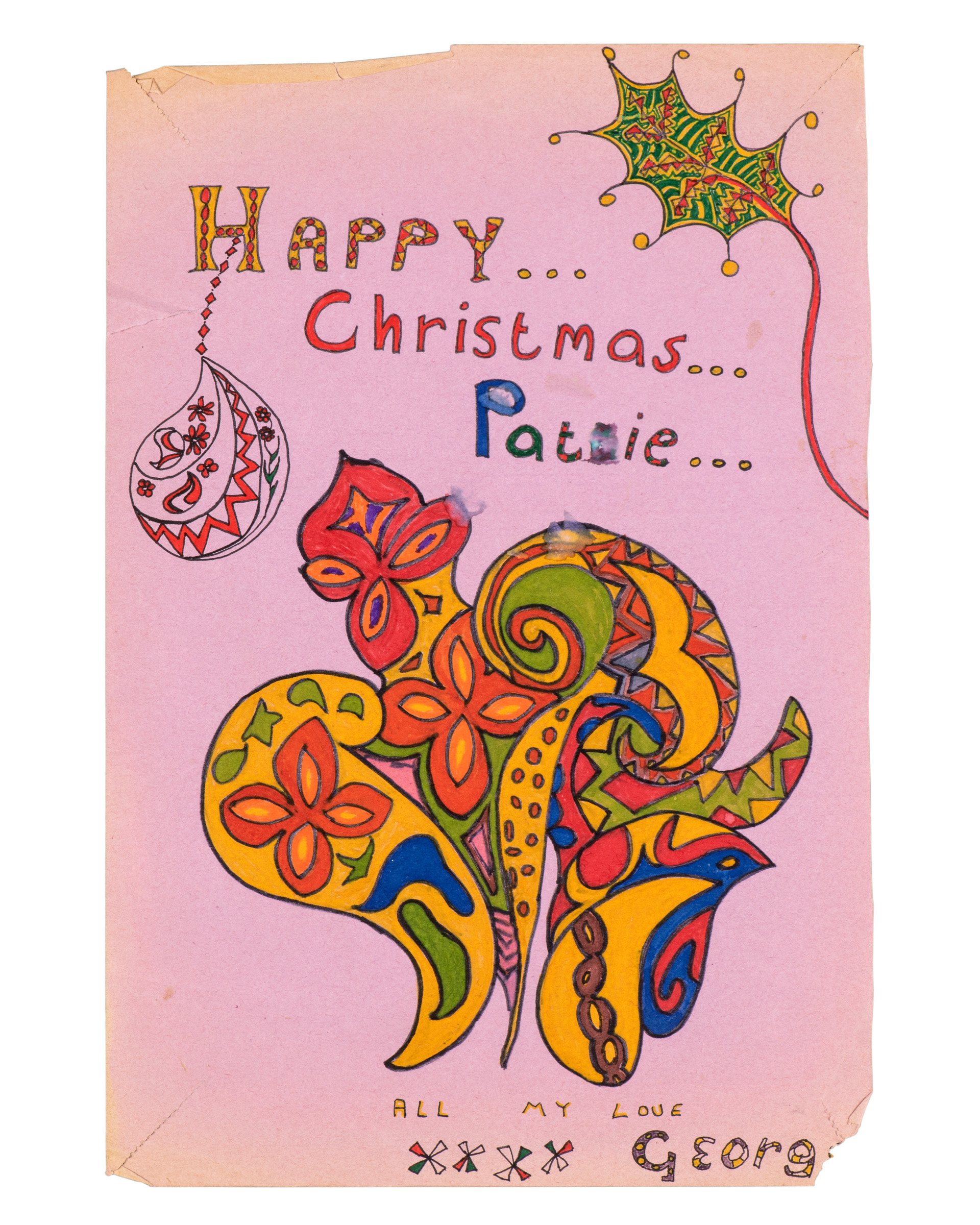 A handmade Christmas card from George Harrison to Pattie Boyd, circa 1968, inscribed inside in George's hand, offered in The Pattie Boyd Collection, 8-22 March 2024 at Christie's Online