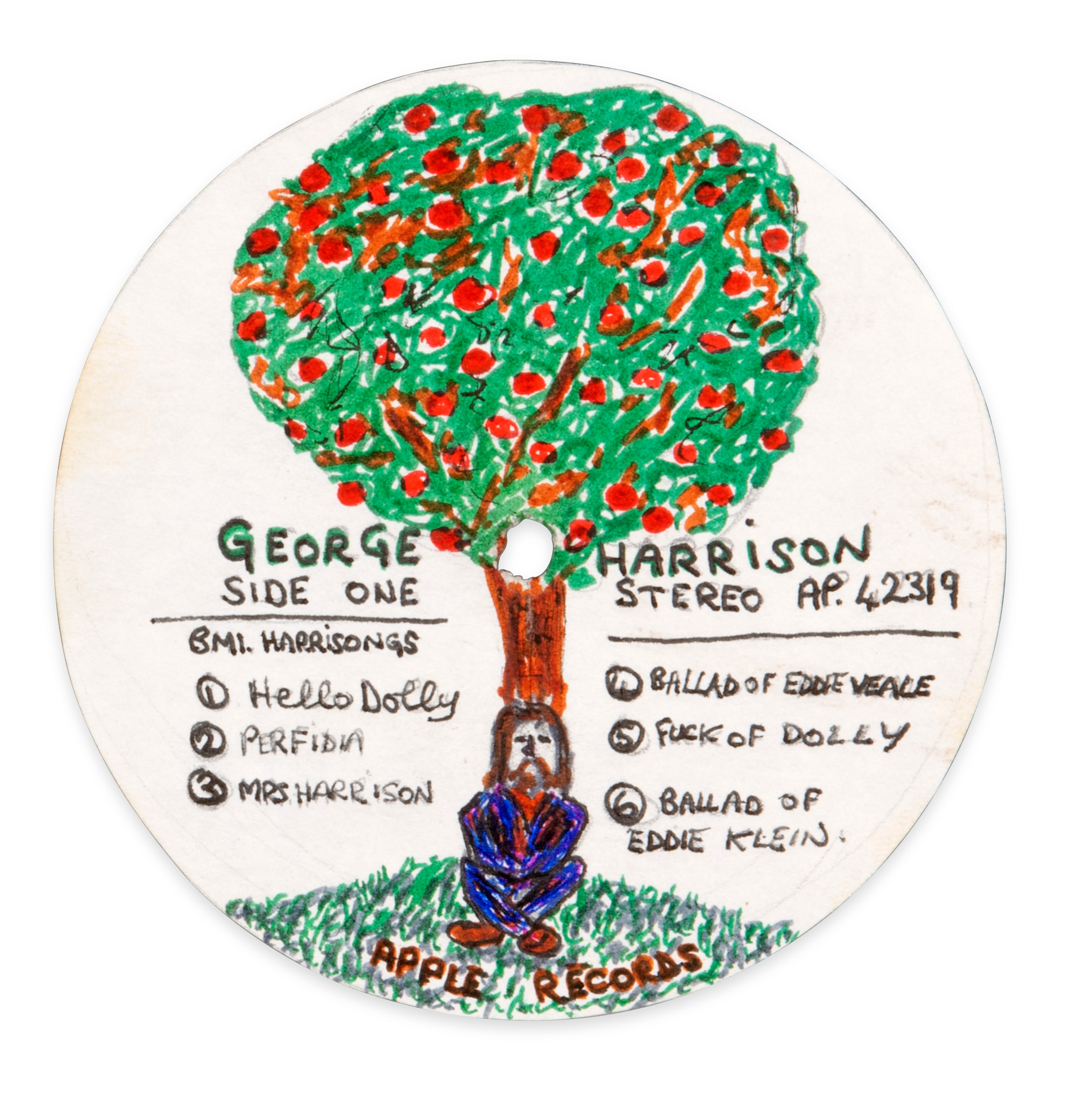 An original design doodle for an Apple Records LP label by George Harrison, circa 1969, offered in The Pattie Boyd Collection, 8-22 March 2024 at Christie's Online