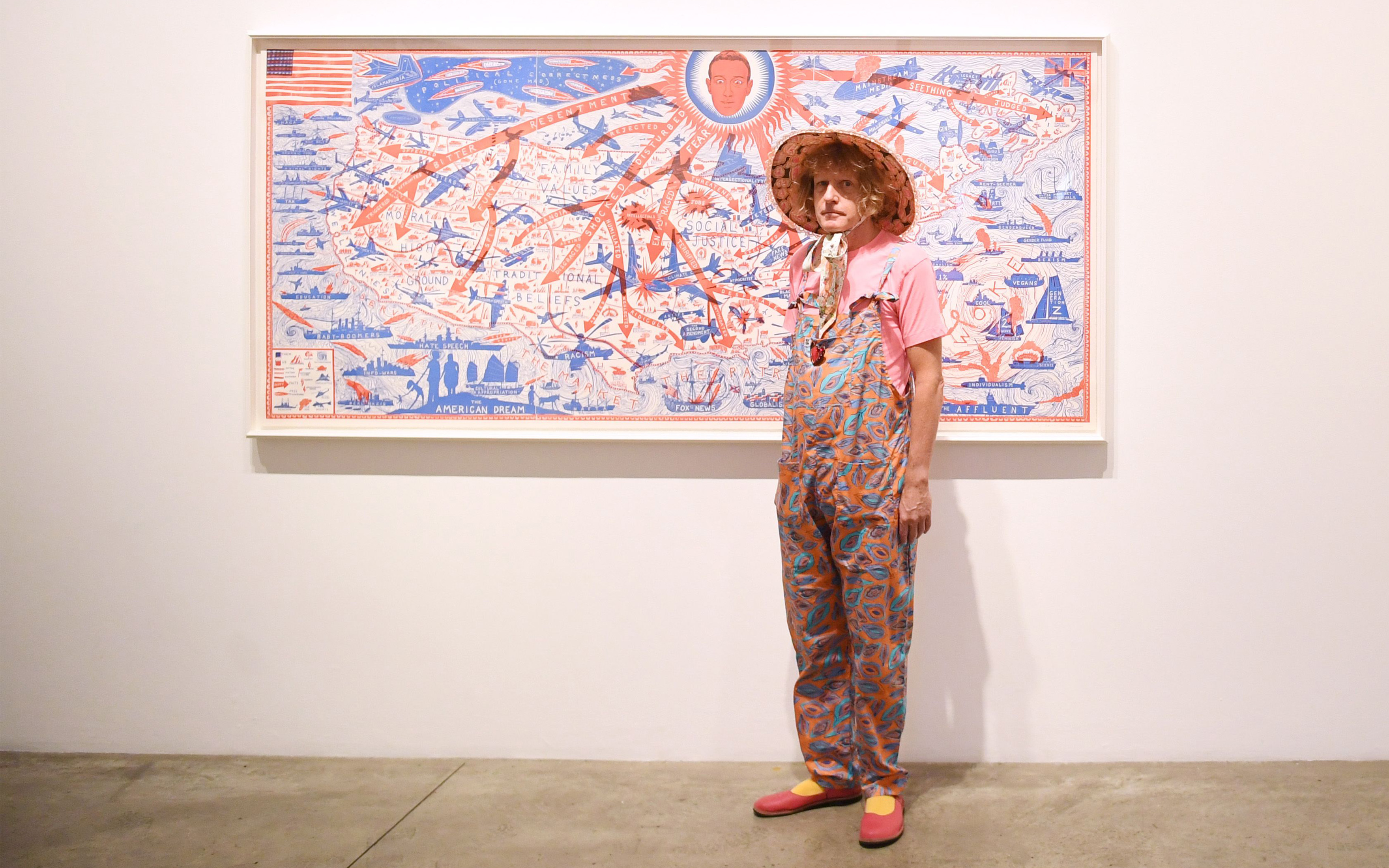 Grayson Perry with his etching The American Dream, 2020, at Victoria Miro gallery in London
