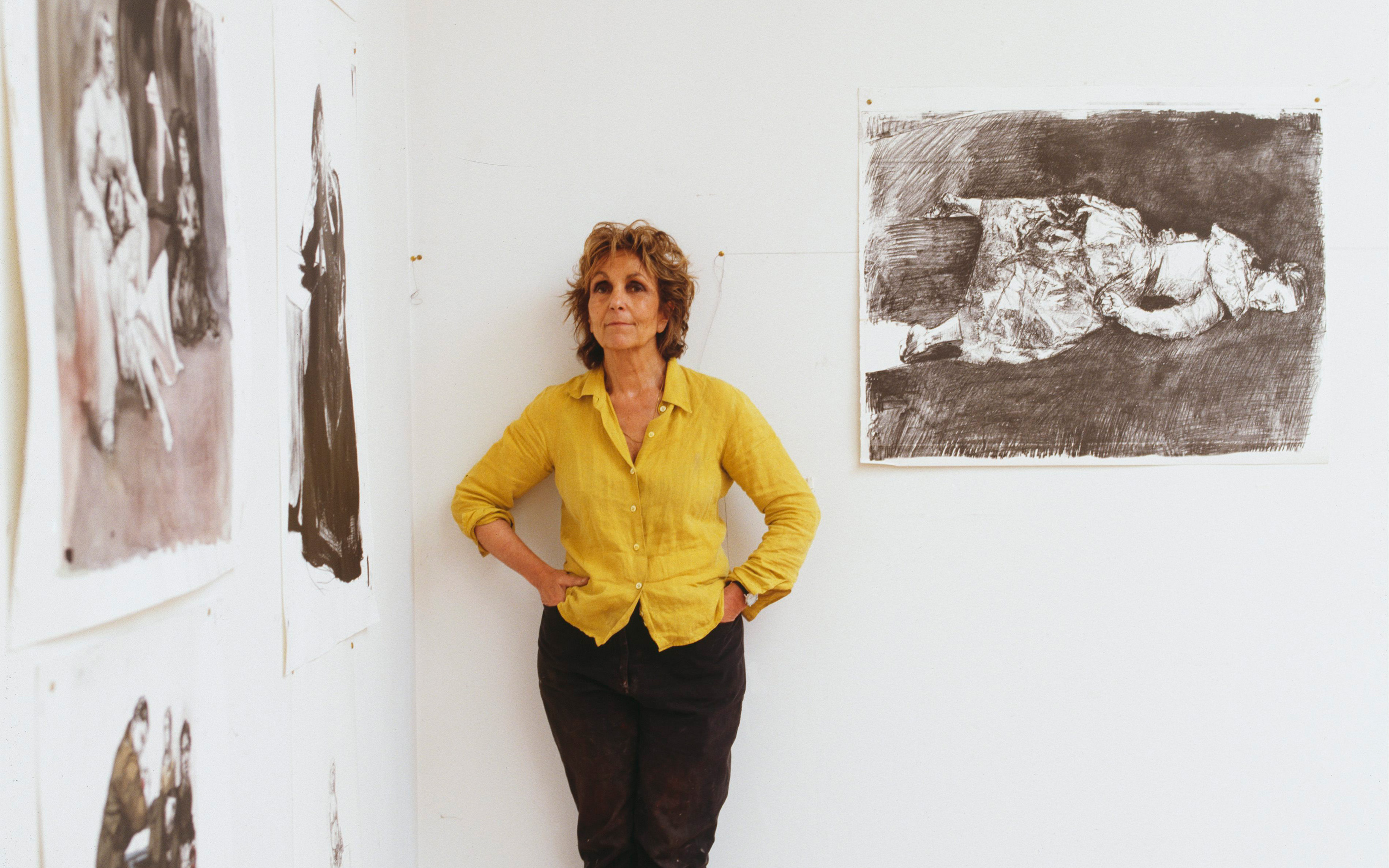 Paula Rego at her London studio in 2005, surrounded by lithographs from her Jane Eyre series