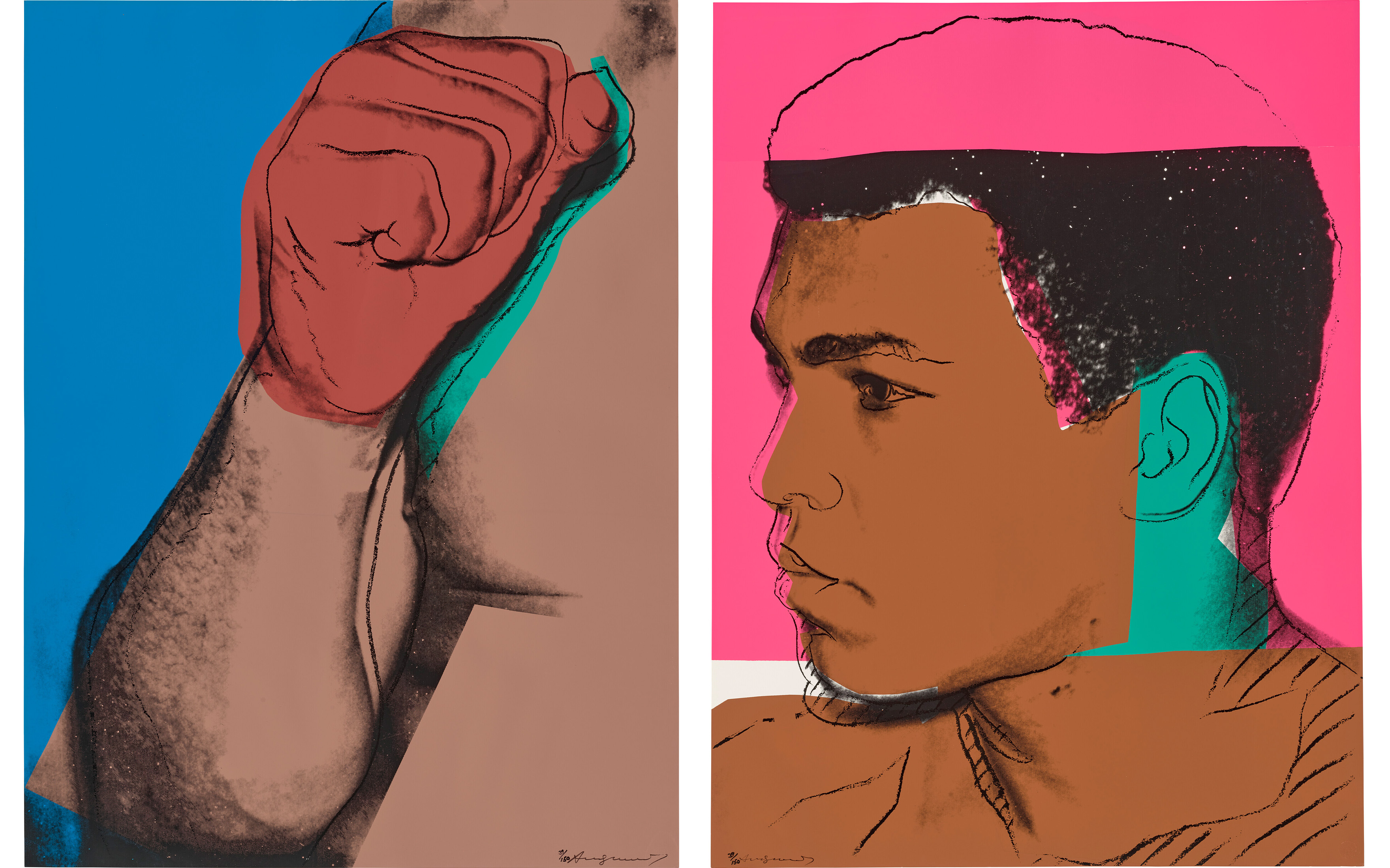Andy Warhol, Muhammad Ali, 1978 (two shown), offered in Prints and Multiples until 27 March 2024 at Christie's Online