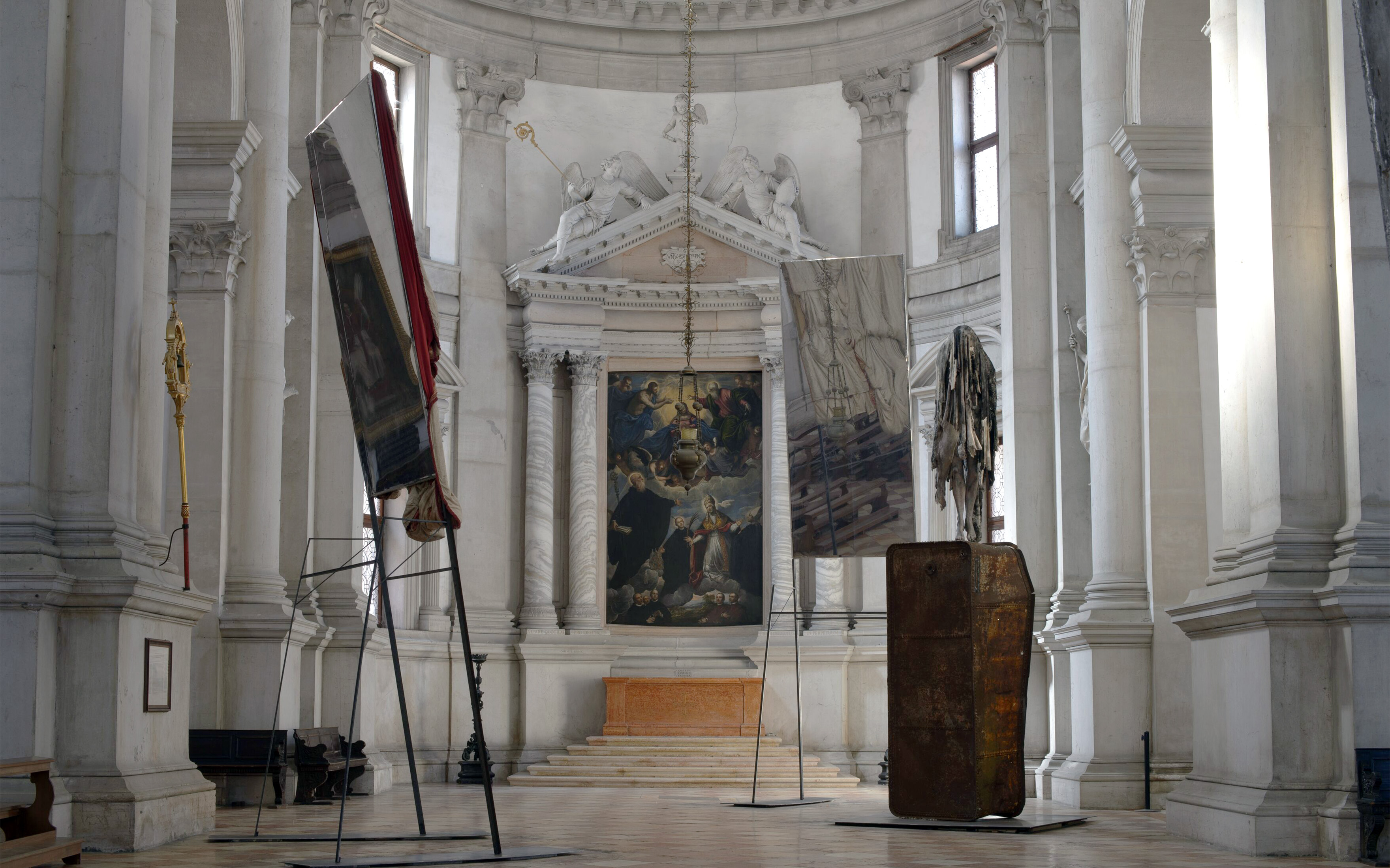 Installation view of Berlinde De Bruyckere: City of Refuge III in the church of San Giorgio Maggiore, on show at the 60th Venice Biennale 2024